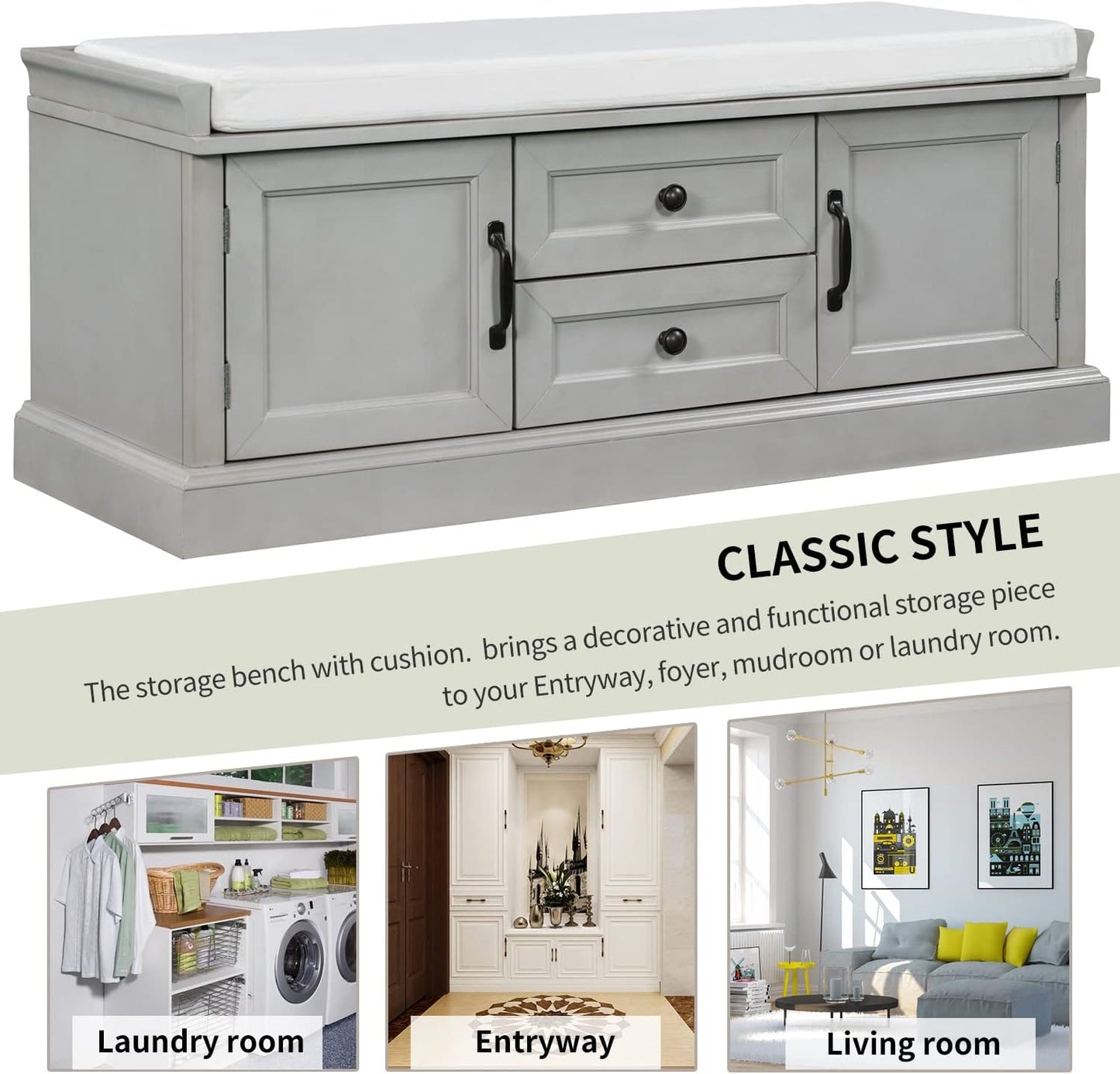 42″ Storage Bench with 2 Drawers and 2 Cabinets，Multipurpose Entryway Shoe Rack W/Removable Cushion，for Living Room Hallway Porch,Gray Wash