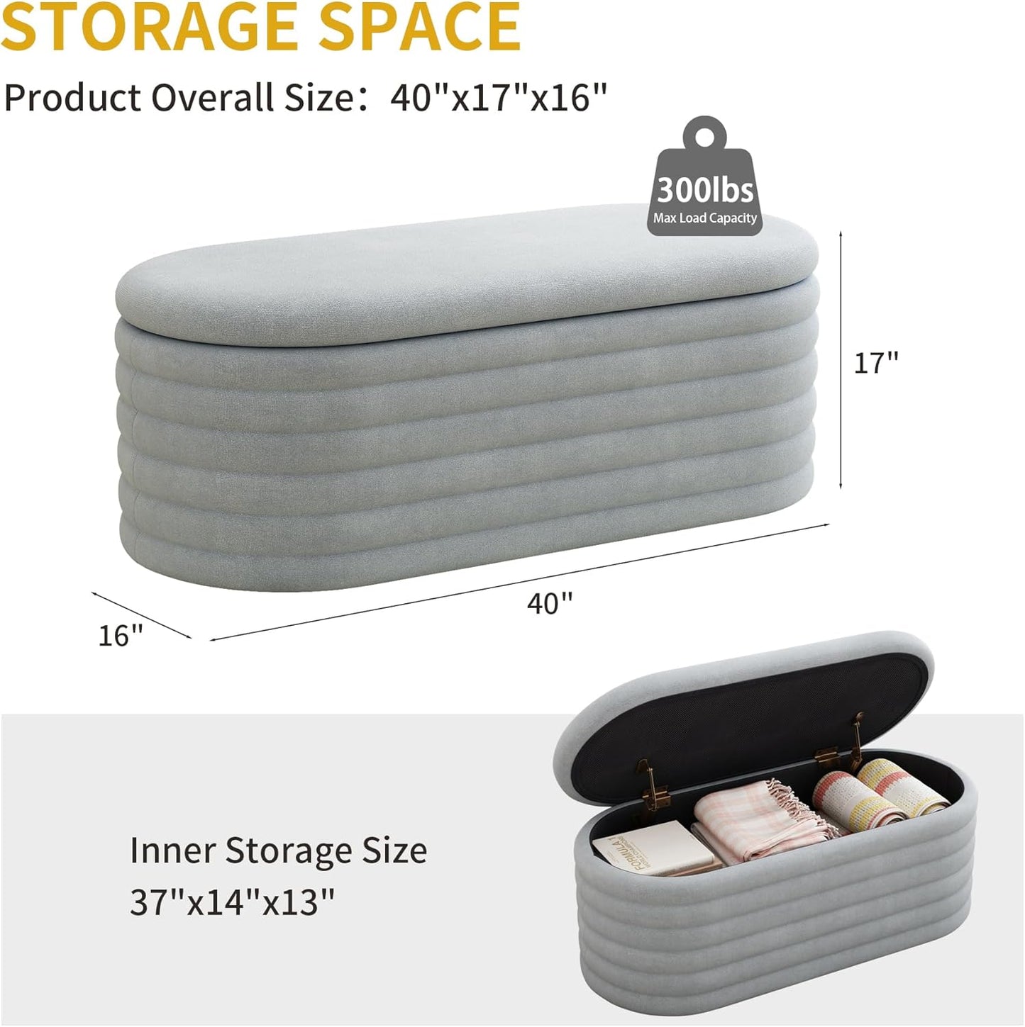 Storage Ottoman Bench 40 inch Upholstered Chenille Fabric Storage Bench for Bedroom End of Bed Stool Aesthetic Large Storag Ottoman for Living Room Entryway,Light Grey