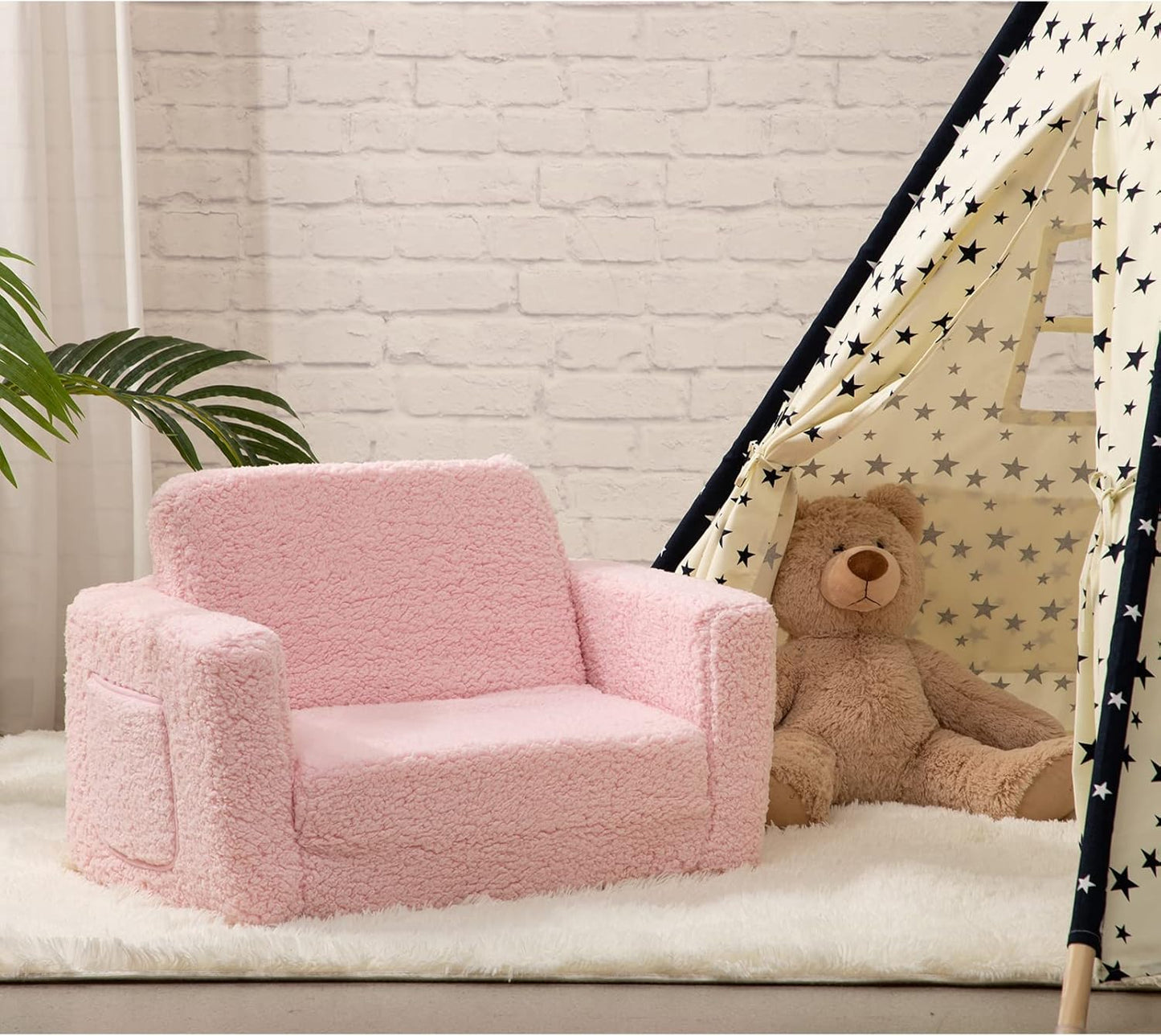 ALIMORDEN 2-in-1 Flip Out Cuddly Sherpa Toddler Couch Convertible Sofa to Lounger, Pink
