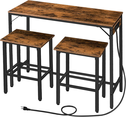 HOOBRO Bar Table and Chairs Set, 47.2" Dining Table Set with Power Outlet, 3-Piece Pub Table Set, Kitchen Bar Height Table with Stools of 2, Space Saving for Living Room, Rustic Brown BF46UBT01