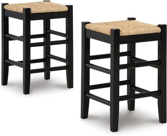 Signature Design by Ashley Mirimyn Farmhouse 23.63" Counter Height Bar Stool with Woven Wicker Seats, 2 Count, Black & Light Brown