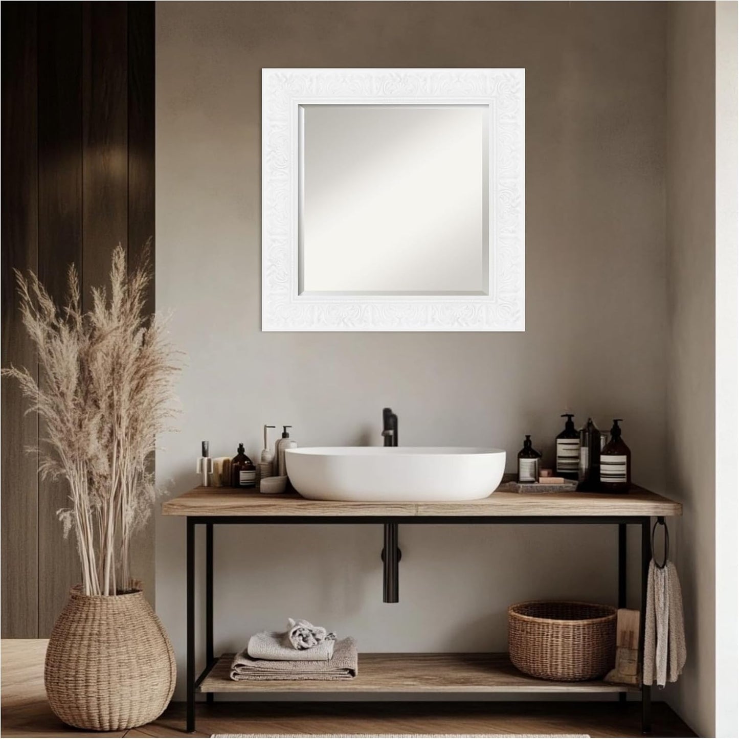 Amanti Art White Bathroom Mirror for Over Sink, 27x27 Luxe White Square Vanity Mirror, Medium Traditional Frame, Hangs Horizonally and Vertically, Bathroom Wall Decor, Beveled Edge