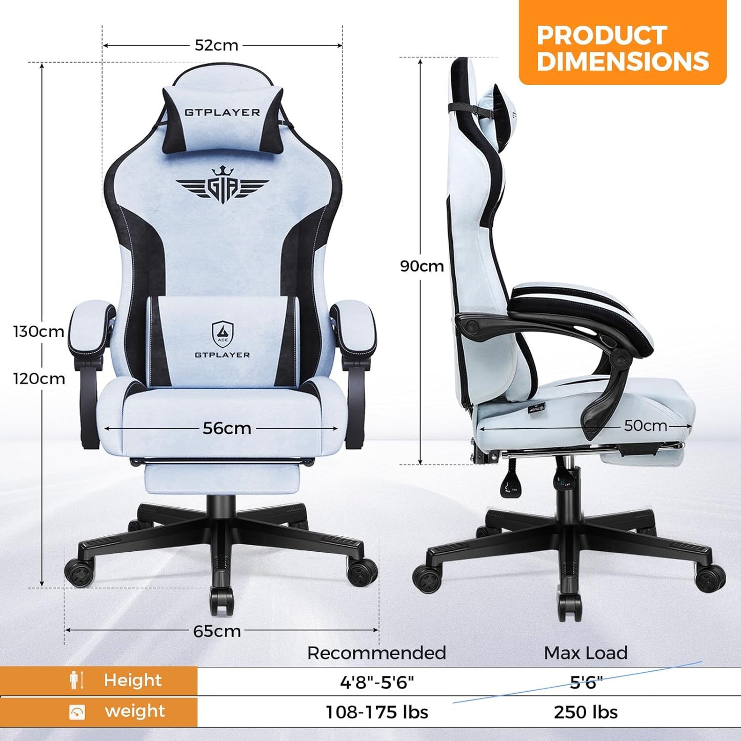GTPLAYER Gaming Chair with Footrest, Big and Tall Game Chair High Back Computer Office Chair with Lumbar Support for Adults, Ergonomic Swivel Games Chair with Cushion Gaming Velvet Fabric Light Blue