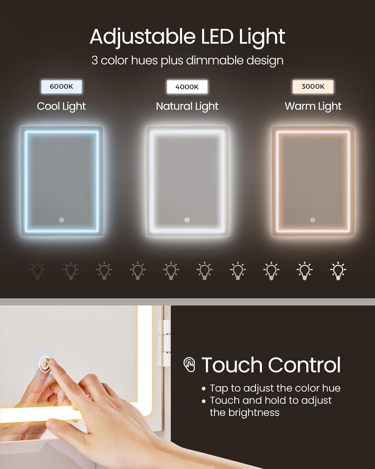 VASAGLE Vanity Desk with Power Outlets, Makeup Vanity with Mirror and Lights, Upholstered Vanity Stool, Dimmable LED Lights, 6 Compartments, 2 Drawers, for Bedroom, Cloud White URDT031W01