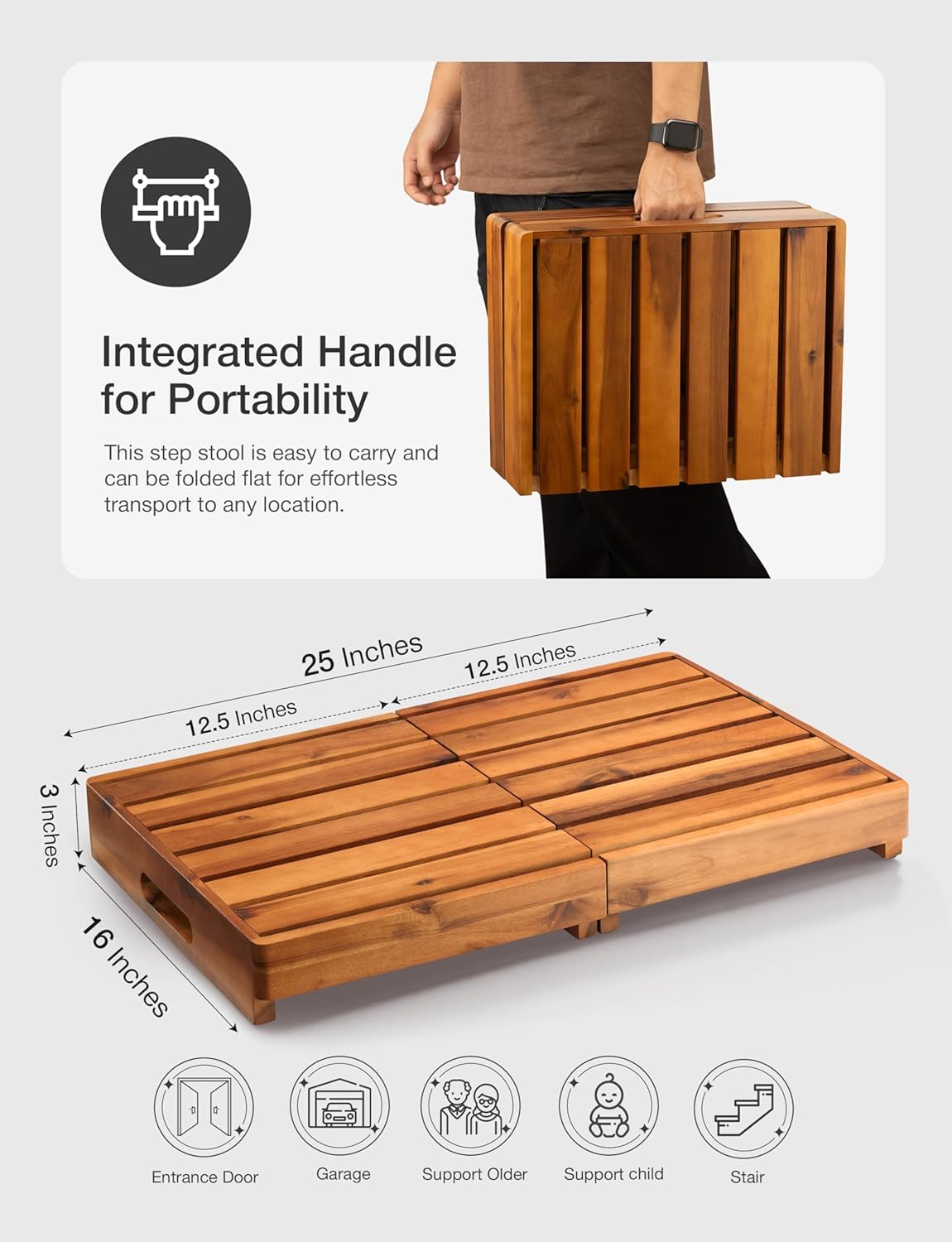 Holana 25in One Foldable Step Stool for Elderly - Acacia Wood High Riser Step Stool for Adults Kid - Wooden Mobility Stepping Stools 400 Lbs Load Capacity for Bathroom Aid Handicap, Bed,Kitchen,Garden