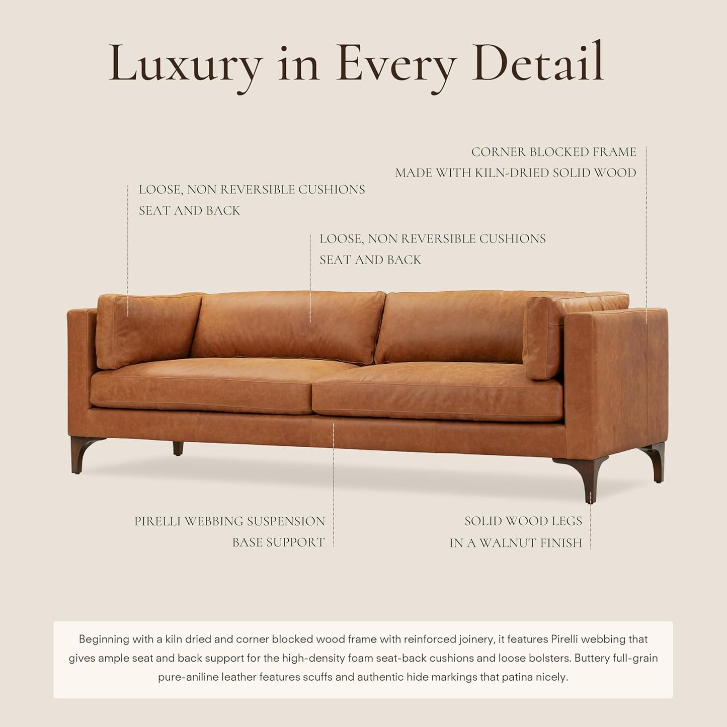 Poly & Bark Argan Leather Couch - 93 Inch Sofa - Full-Grain Leather Sofa for Living Room with Feather Down Topper - Living Room Couch - Pure Aniline Vintage Italian Leather in Cognac Tan