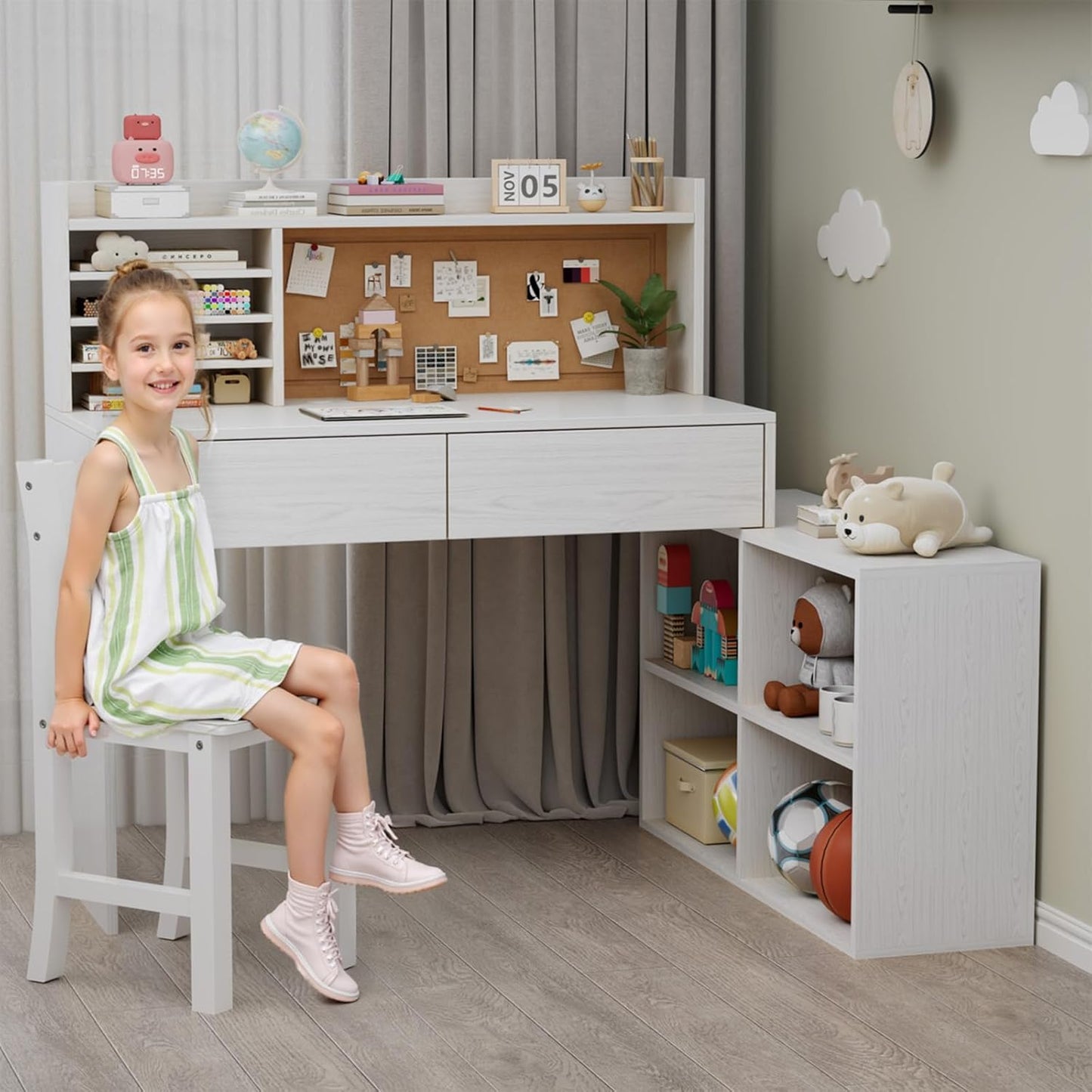 White Wooden Kids Desk and Chair Set, Kids Study Desk with Removable Large Storage Cabinet,Kid Study Table and Chair Set with 2 Drawers & 4 Cabinets,Girls Desks for Kid for Bedroom