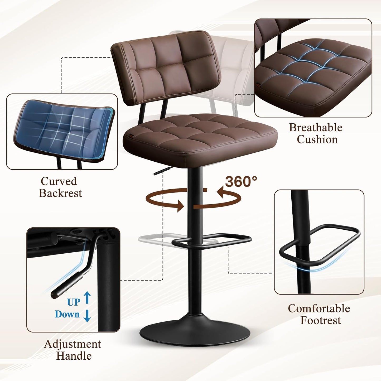 Furniliving Upholstered Bar Stools Set of 4, Faux Leather Swivel Bar Stools with Back, Adjustable Counter Height Barstools for Kitchen Island, Dining Space, Brown