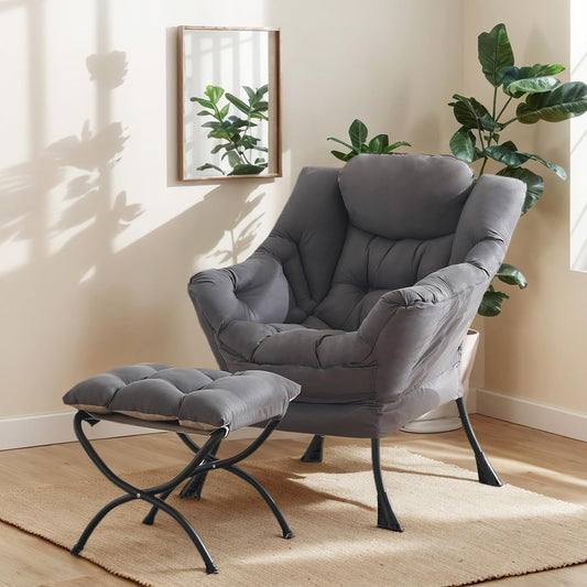 Lazy Chair with Ottoman, Reading Armchair with Armrests and Footrest, Large Modern Lounge Accent Chair with Ottoman, Leisure Sofa Chair for Living Room, Bedroom, Dorm Room (Dark Grey)