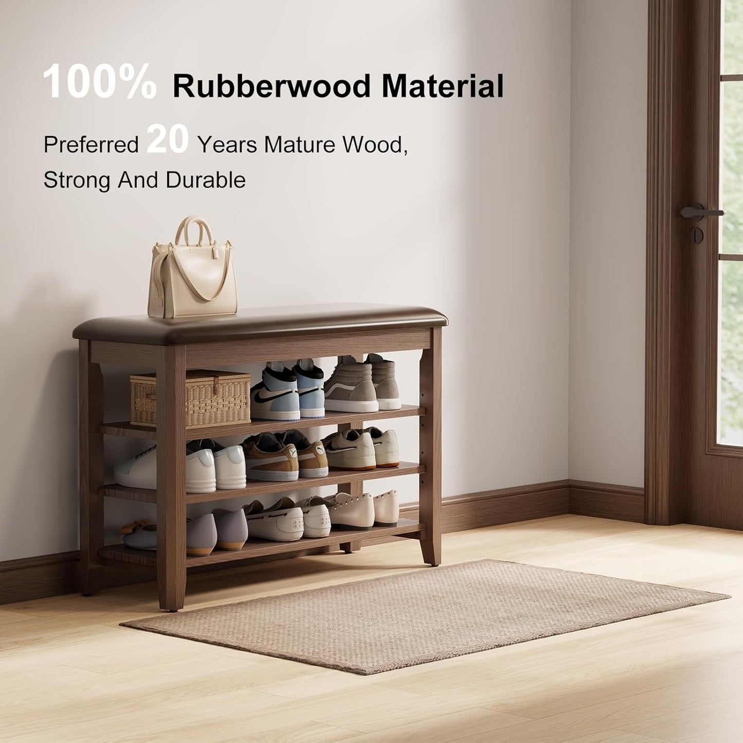 Shoe Bench with Leather Cushion, 3 Tiers Shoe Storage Bench Height Adjustable, Walnut Wood Entryway Bench for Hallway, Mudroom