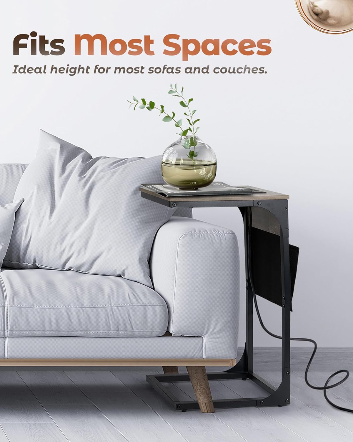 C Shaped End Table with Charging Station, Couch Side Table with Storage Pocket, Slide Under Couch Sofa Table Tray, Greige