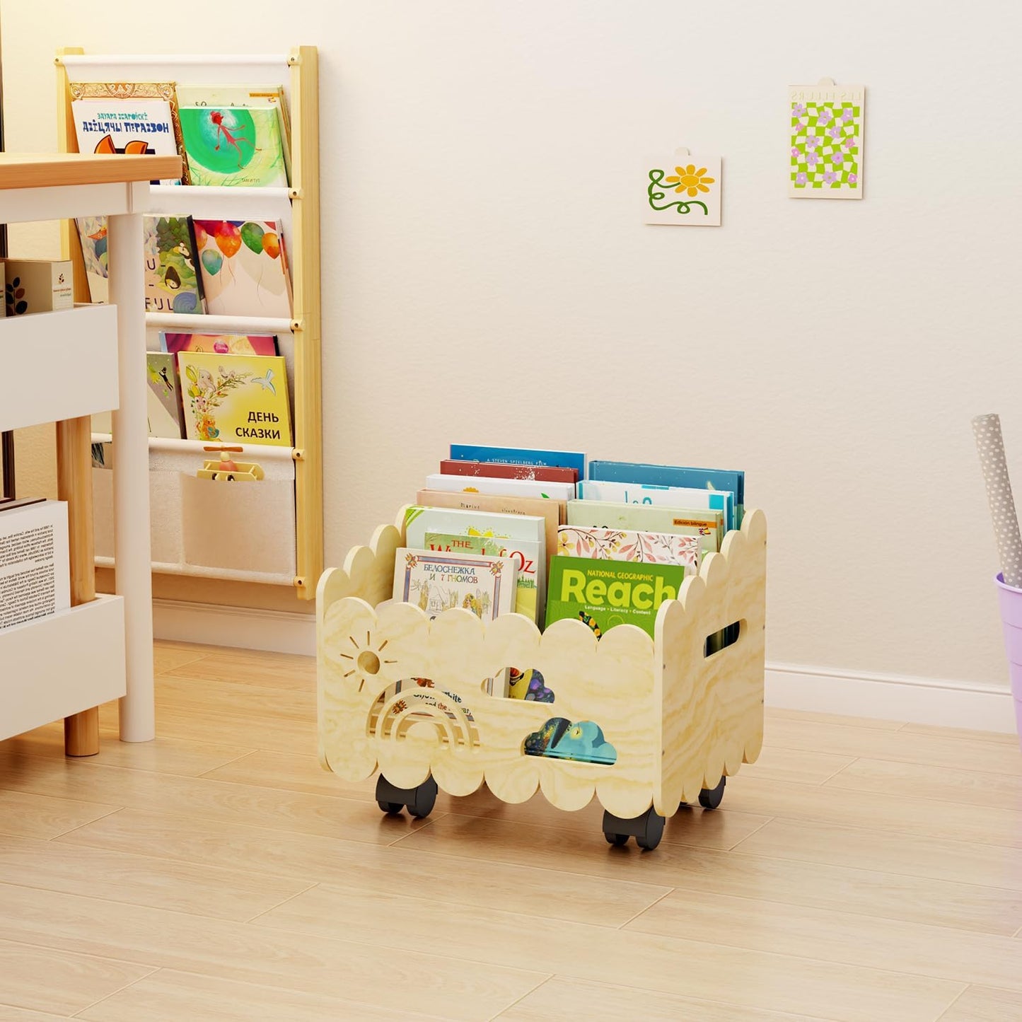 Wood Kids Bookshelf, Montessori Bookshelf, with 2 Adjustable Dividers, 4 Wheels Suitable Kids Rooms, Nursery & Classroom, Book Shelf for Kids Rooms, Toddler Book Rack, Nursery Book Shelves