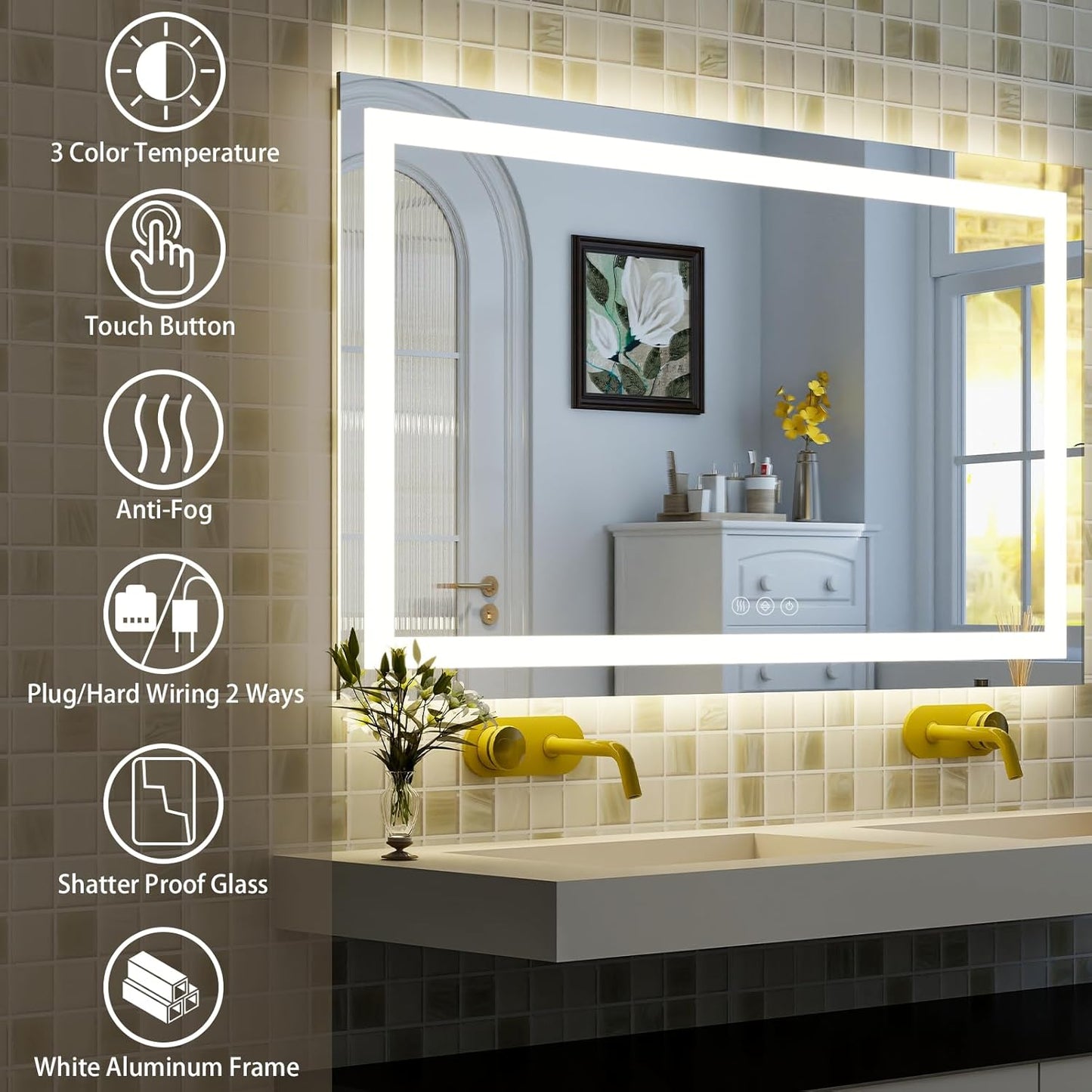 48'' x 32'' LED Bathroom Mirror with Lights, Wall Mirror with Front and Backlight, 3 Colors Vanity Mirror with Lights, Anti-Fog Wall Mirror for Bathroom