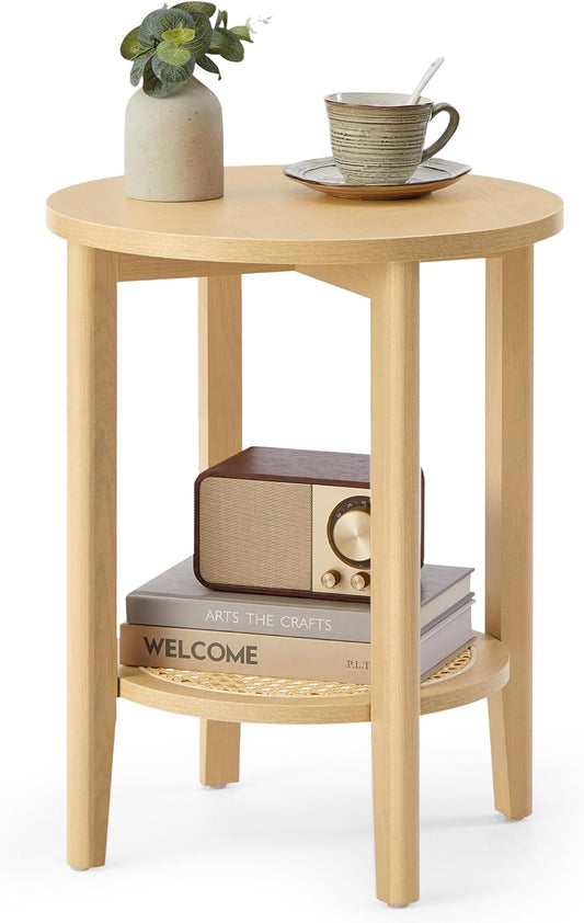 VASAGLE Round Side End Table, 2-Tier Boho Bedside Table with Rattan-Look Storage Shelf, Nightstand for Small Spaces, for Living Room, Bedroom, Home Office, Oak Beige ULET296Y01
