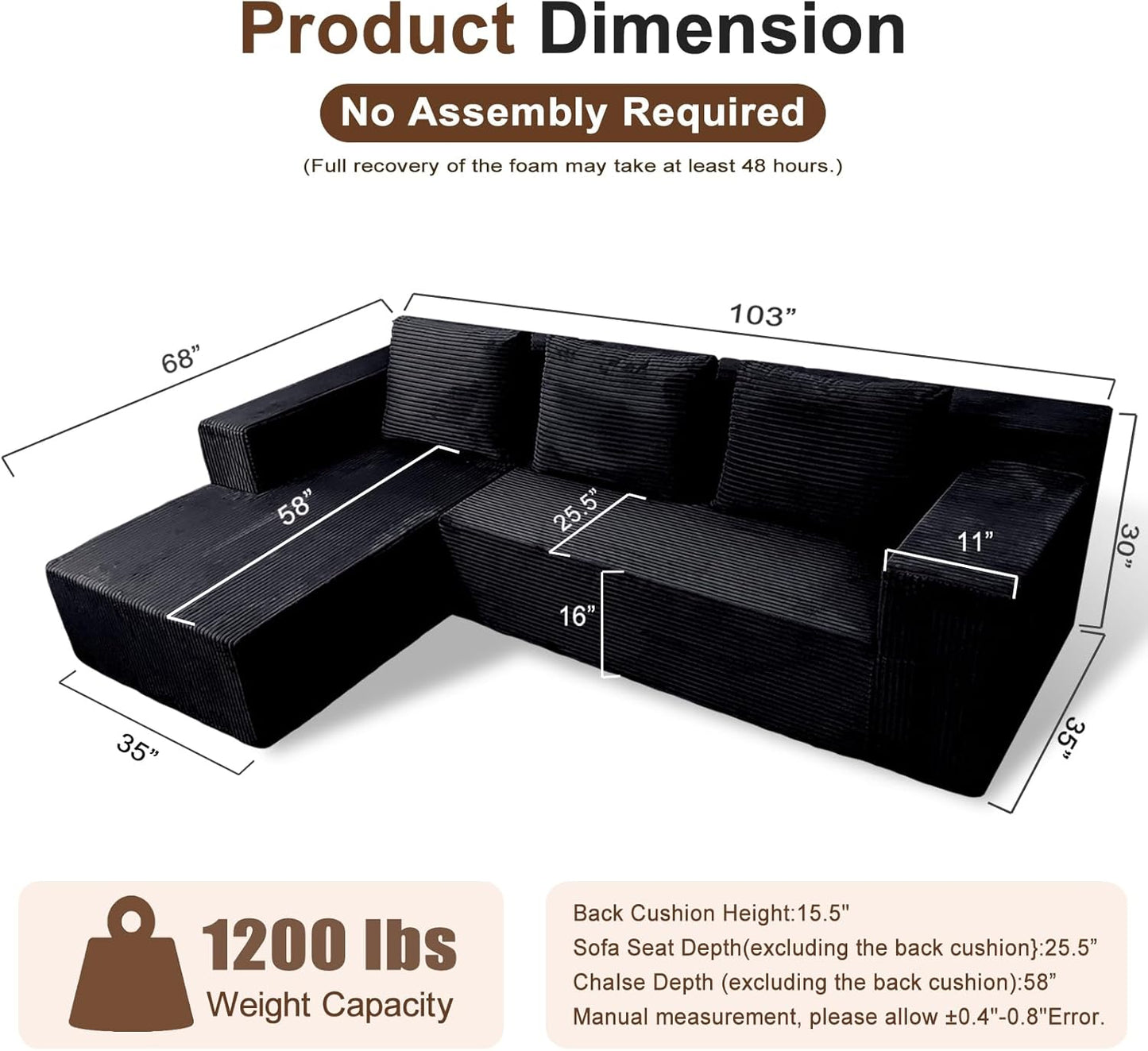 103" Cloud Sectional Sofa, Boneless L-Shape Couch with Chaise, Modern Minimalist Modular Couch for Living Room, Free Combination, Deep Seat, No Assembly Required, Premium Corduroy, Black, L