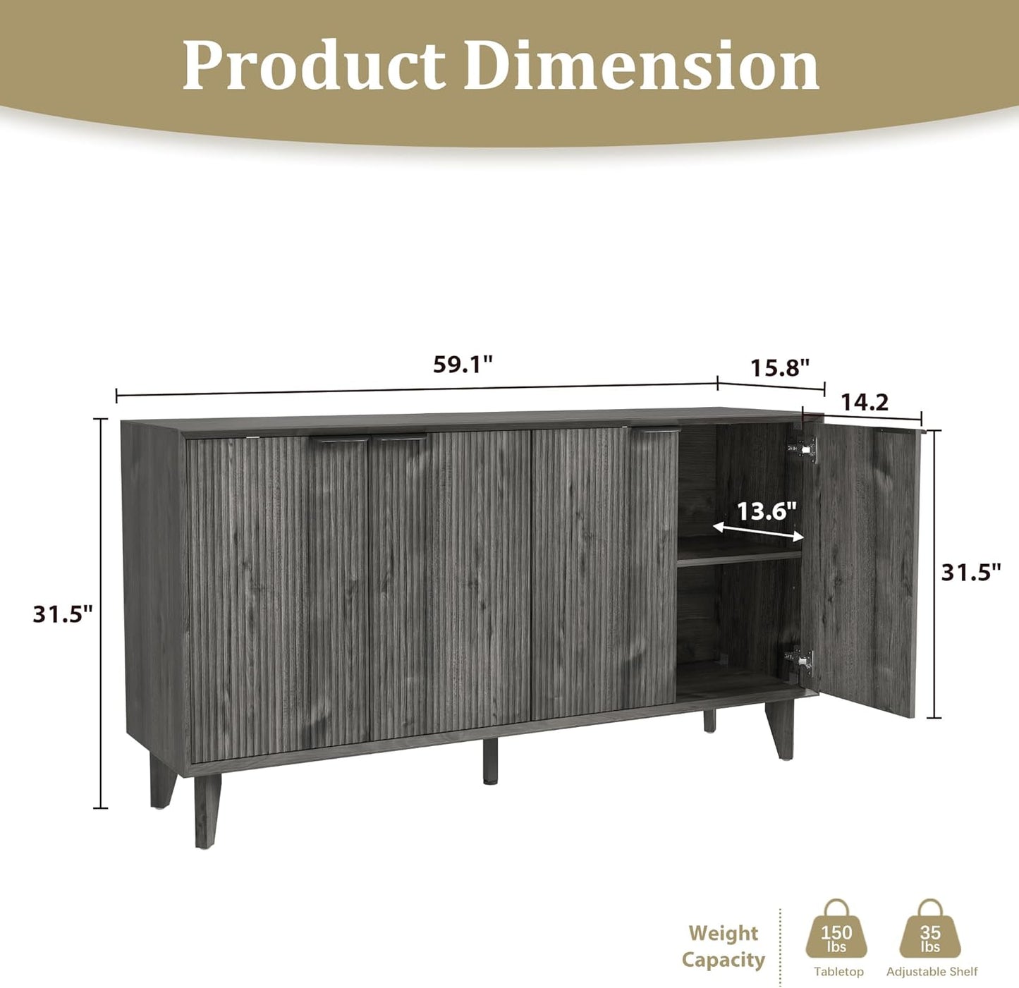 Fluted Cabinet with Storage, Buffet Storage with 4 Doors, Buffet Sideborad Accent Cabinet with Adjustable Shelves for Living Room, Kitchen, Entry, Hallway, Black&Grey