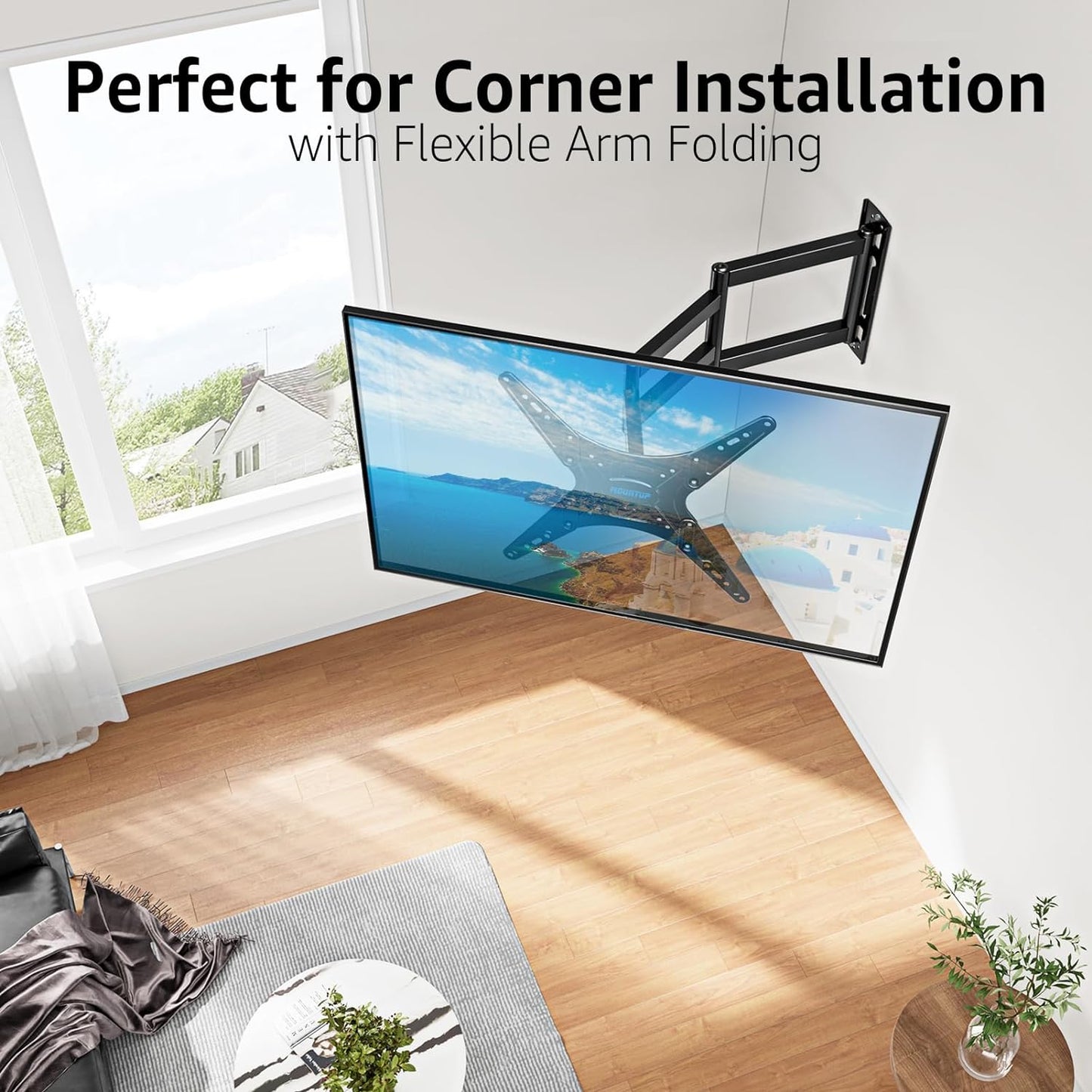 MOUNTUP Corner TV Wall Mount for Most 26-65 Inch TVs, Long Arm TV Mount with 30 Inch Extension Arm, Smooth Swivel Tilt Single Stud Full Motion Bracket Max VESA 400x400mm, 77 lbs Heavy Duty, MU0057