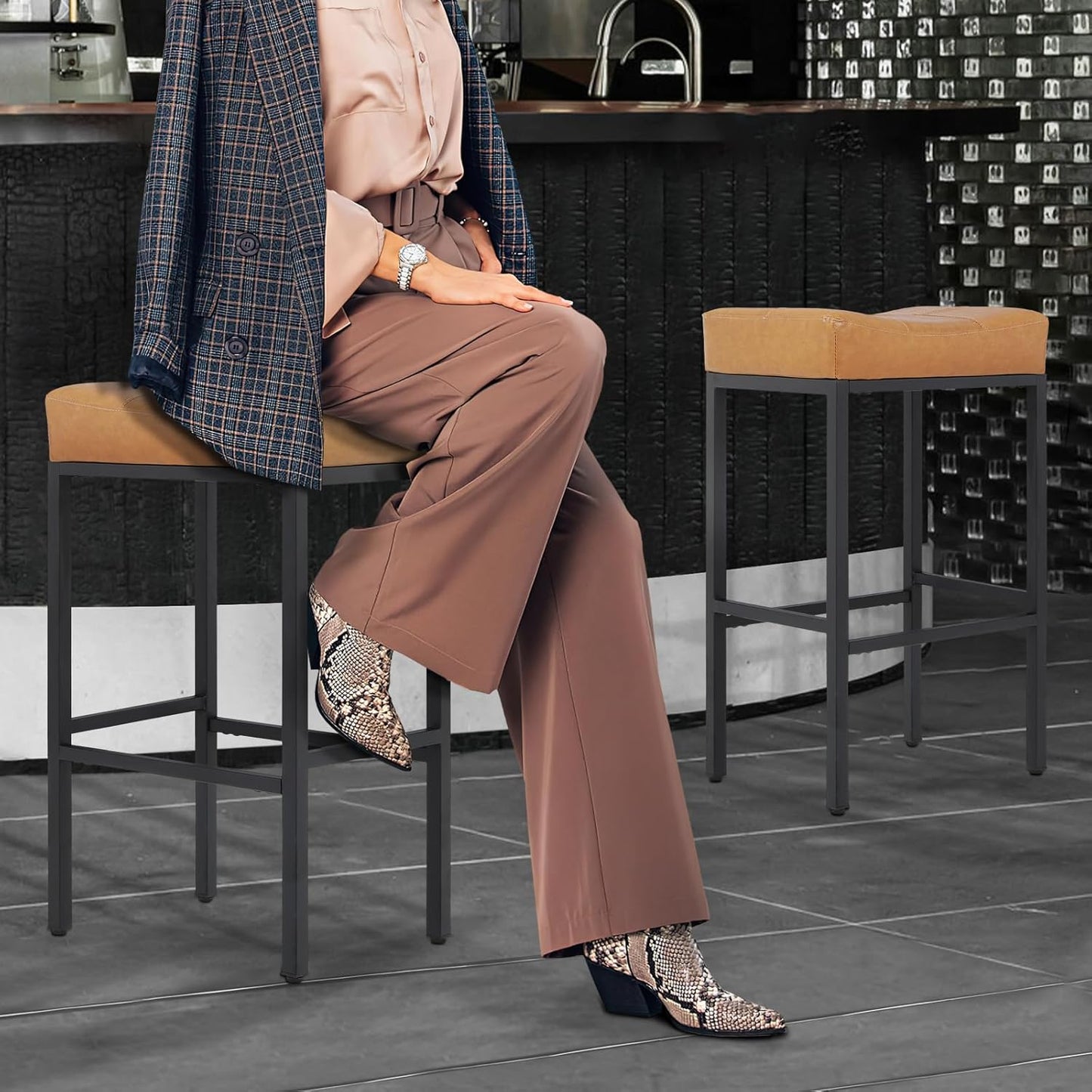 Athena Collection Counter Height Bar Stools Set of 2, 31.5 Inches Saddle Bar Stools with Leather Upholstered and Metal Legs, Backless Barstools for Counter, Kitchen Island, Dining Room, Brown