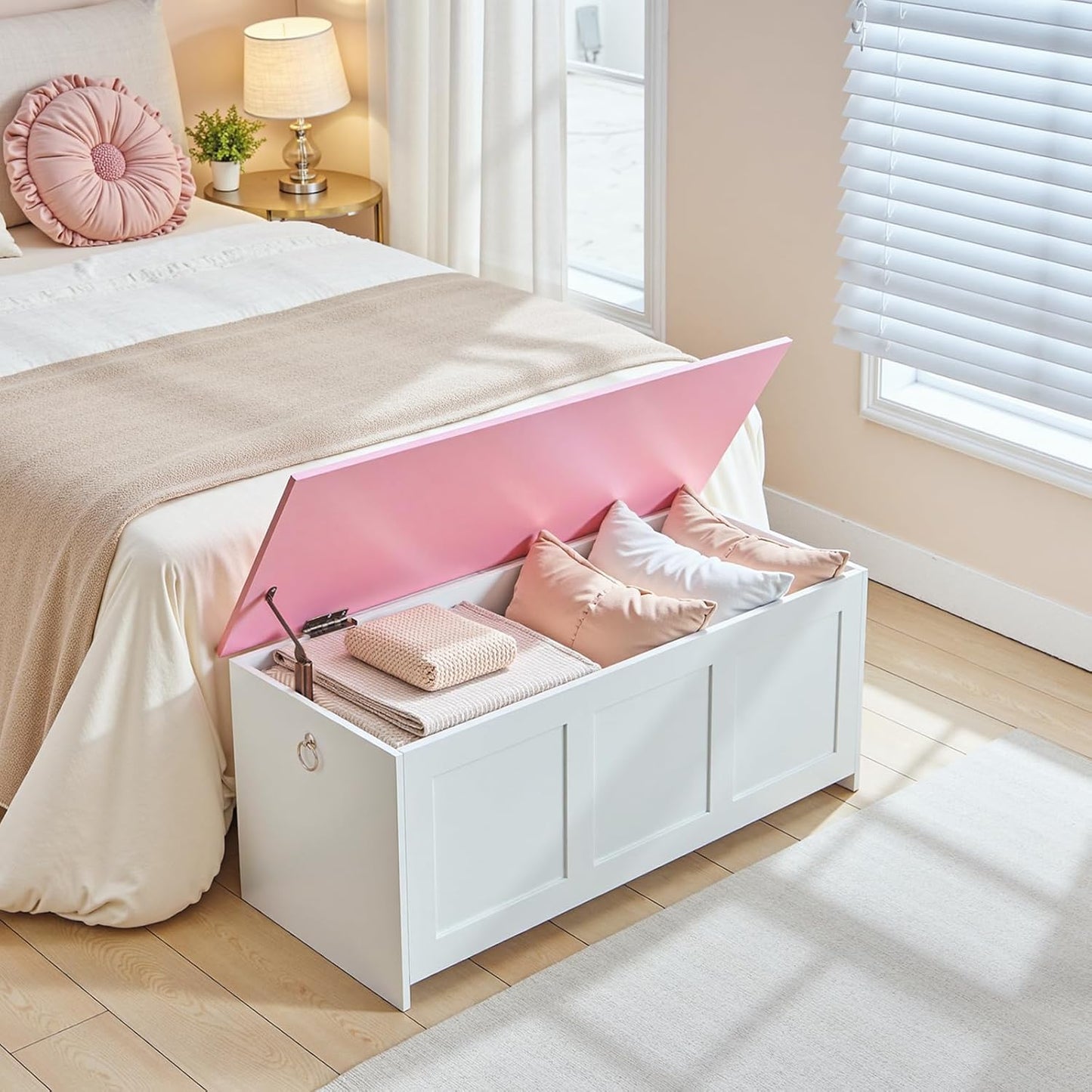HOOBRO Storage Bench, 39.3" Retro Wooden Storage Chest, Wooden Storage Trunk, Toy Chest with Lift Top, Multifunctional Entryway Organizer, for Entryway, Living Room, White and Pink WK141CW01
