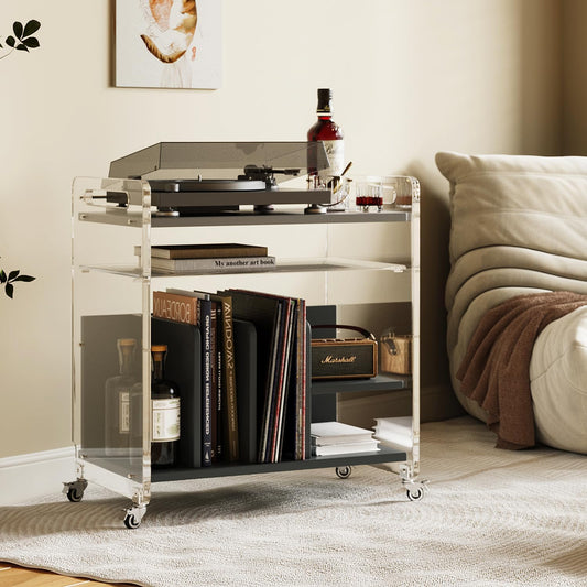 Acrylic Record Player Stand，Vinyl Storage Holder Cabinet with Wheels，Large Turntable Stand with Shelf,Coffe Table Movable End Table Nightstand Stereo Cabinet for Living Room Bedroom Office