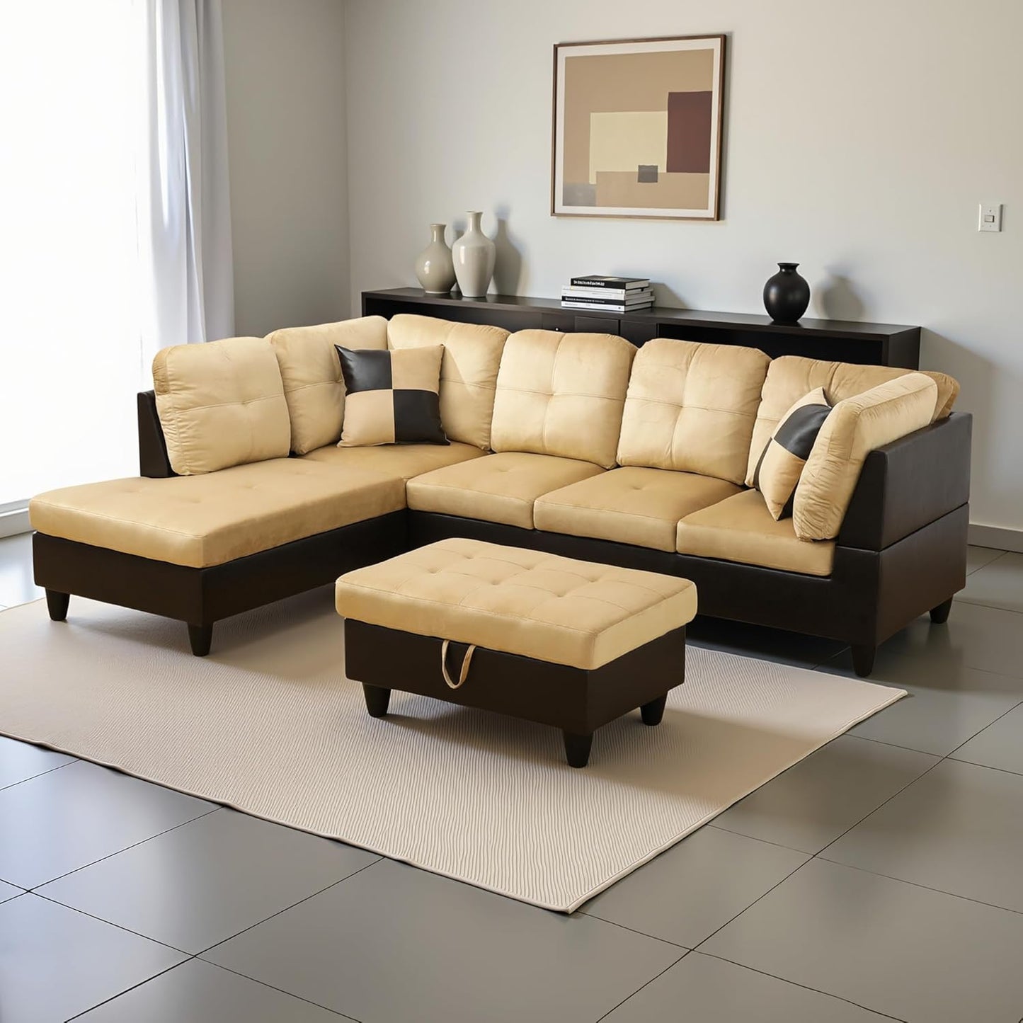 L Shaped Couch Modern Sectional Couch Upholstered Lint Fabric 3 Pieces Sofas for Living Room with Chaise, Storage Ottoman for Office and Small Apartment, Beige and Brown