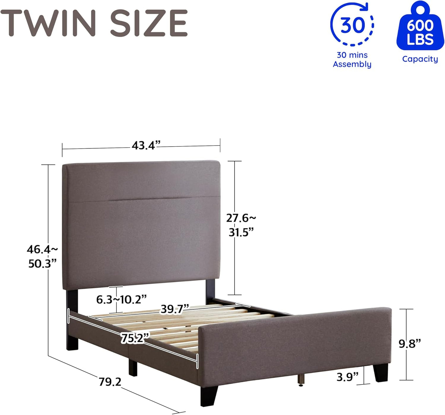 Livinia Amelia Twin Size Platform Bed, Fabric Upholstered Twin Bed Frame with Height Adjustable Headboard Footboard, Strong Wood Slats, No Box Spring Needed, Brown