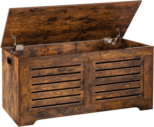 DINZI LVJ Storage Chest, 43.3” Wooden Toy Box with 2 Safety Hinges, Retro Entryway Shoe Storage Bench with Flip-Top, Sturdy Large Storage Trunk for Living Room, Bedroom, Easy Assembly, Rustic Brown