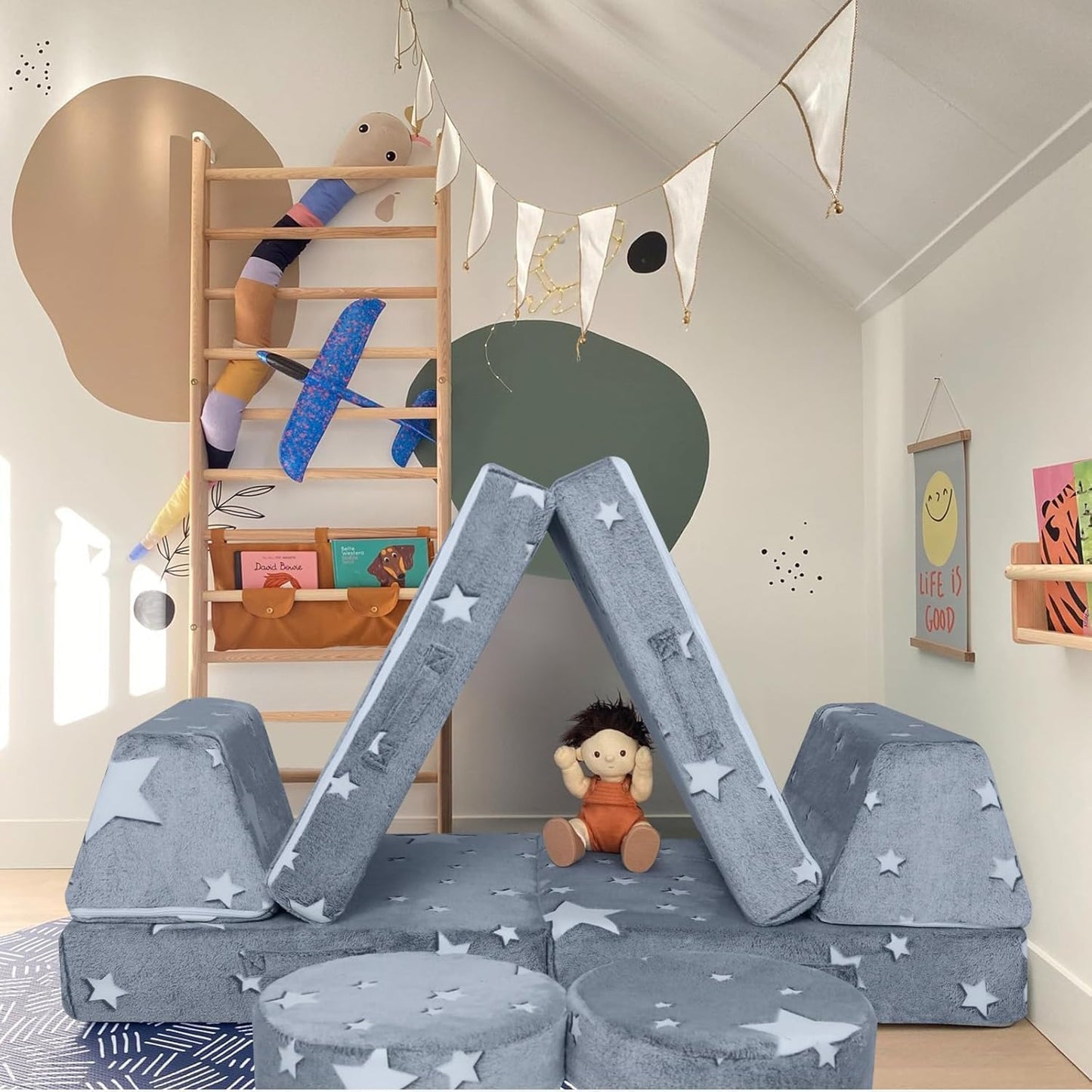 MeMoreCool 8-Piece Kids Modular Play Couch — Glow-in-The-Dark Star Foam Sofa Set for Toddlers, Convertible Fort Building & Climbing Furniture with Washable Covers, Playroom & Indoor Activity Set