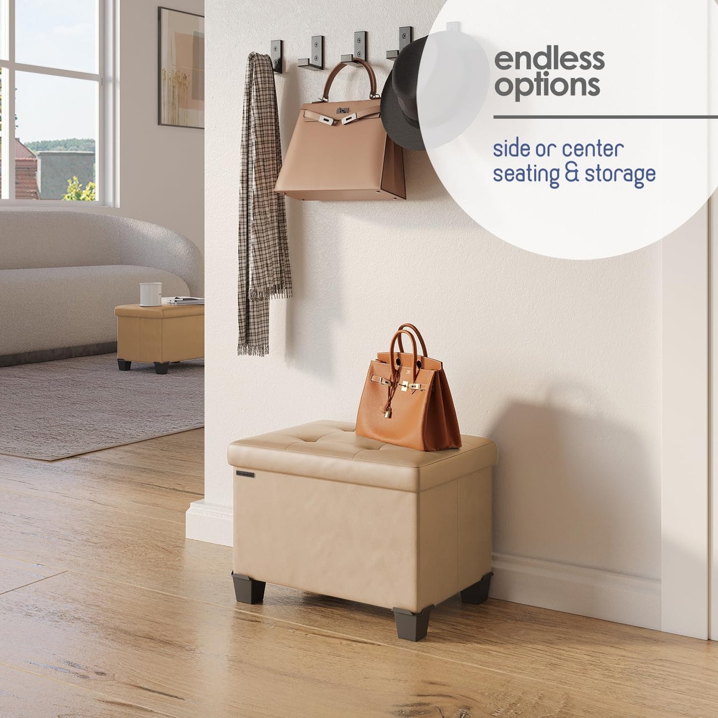 STORAGEBUD Storage Ottoman Cube with Small Bin, 16-in Square Ottoman with Storage for Living Room and Bedroom, Small Ottomans Foot Rest, Faux Leather Foot Stools Ottomans Max 330lbs, Taupe