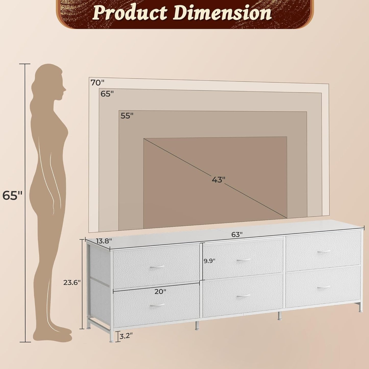 Huuger 63 Inch Long Dresser for Bedroom, Wide TV Stand for 55, 65, 70 Inch TV, 6 Drawer Dresser for Closet with Fabric Drawers, Storage Organizer for Bedroom, Entryway, PU Leather, White