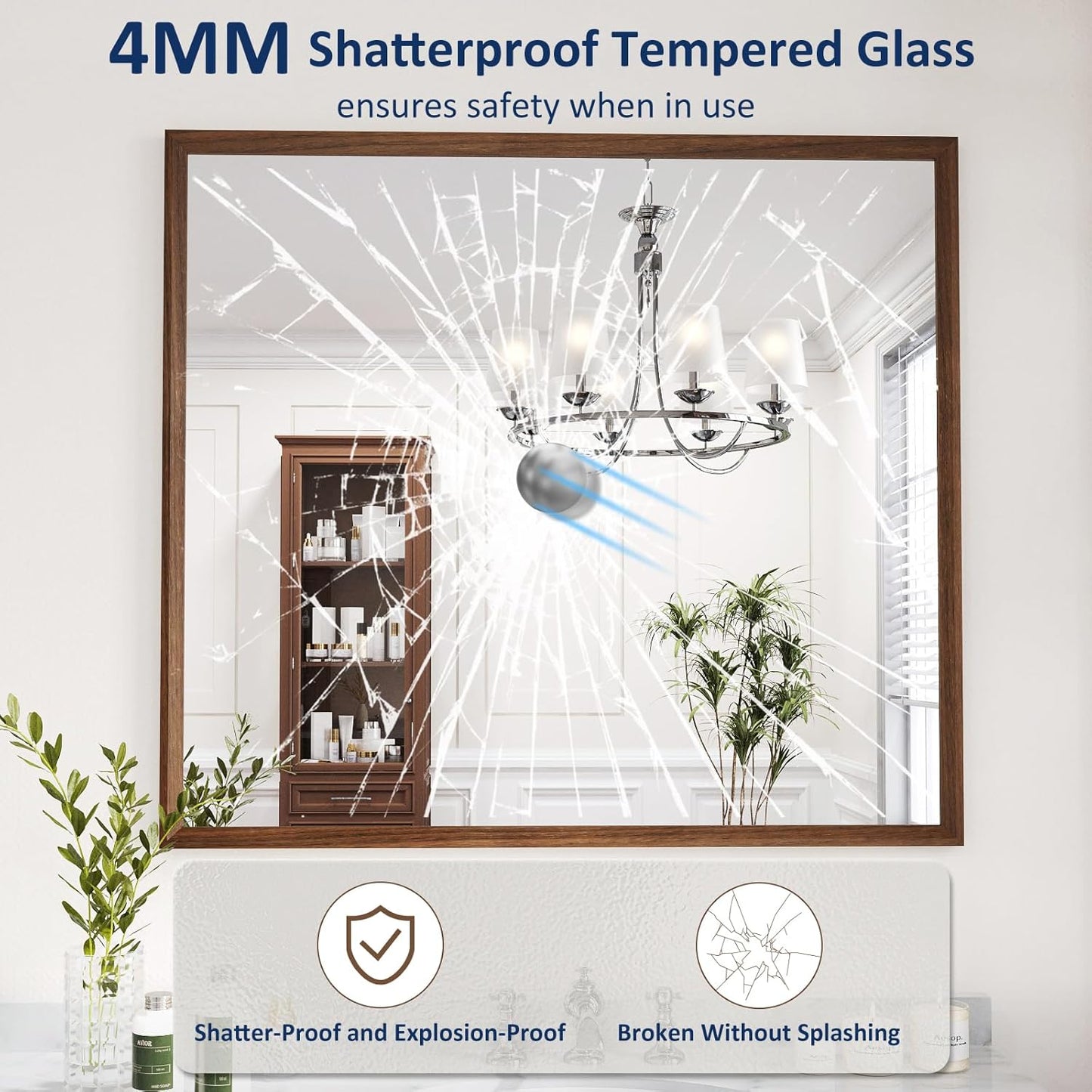 WEER Walnut Bathroom Mirror, Walnut Framed Mirror 40X36 Inch, Rectangle Wall Mounted Bathroom Vanity Mirror with Tempered Glass, Hangs Vertically or Horizontally, Anti-Rust