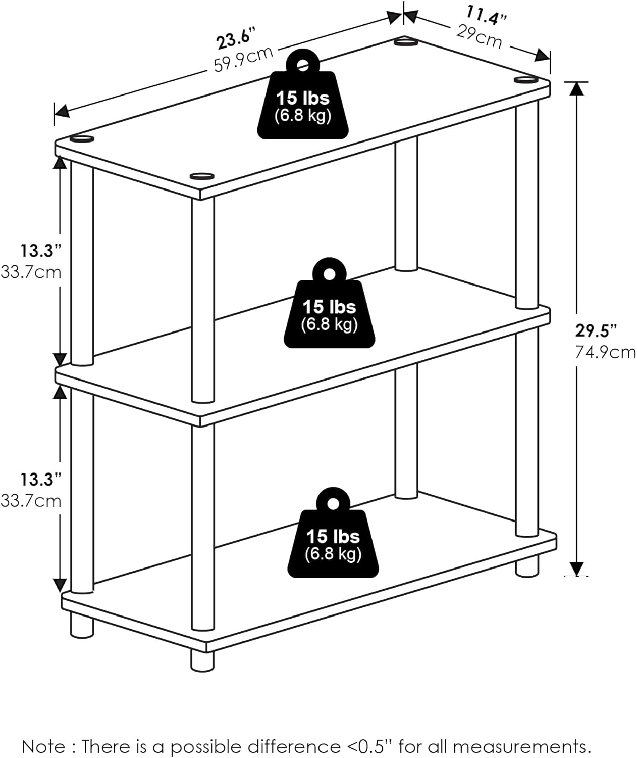 Furinno Turn-N-Tube 3-Tier Compact Multipurpose Shelf Display Rack, White/White