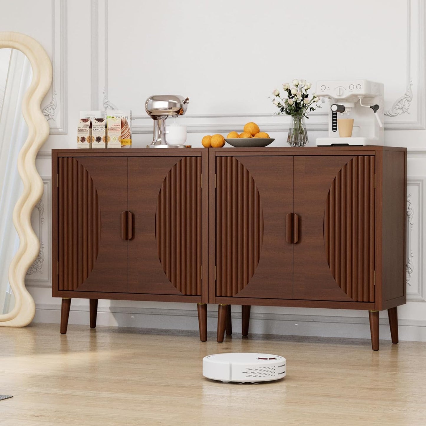 COSIEST Set of 3 30" Storage Sideboards with Doors, Accent Cabinets with Magnetic Push-to-Open Doors, Brown Line Pattern, Entryway Console for Living Room, Kitchen, Hallway