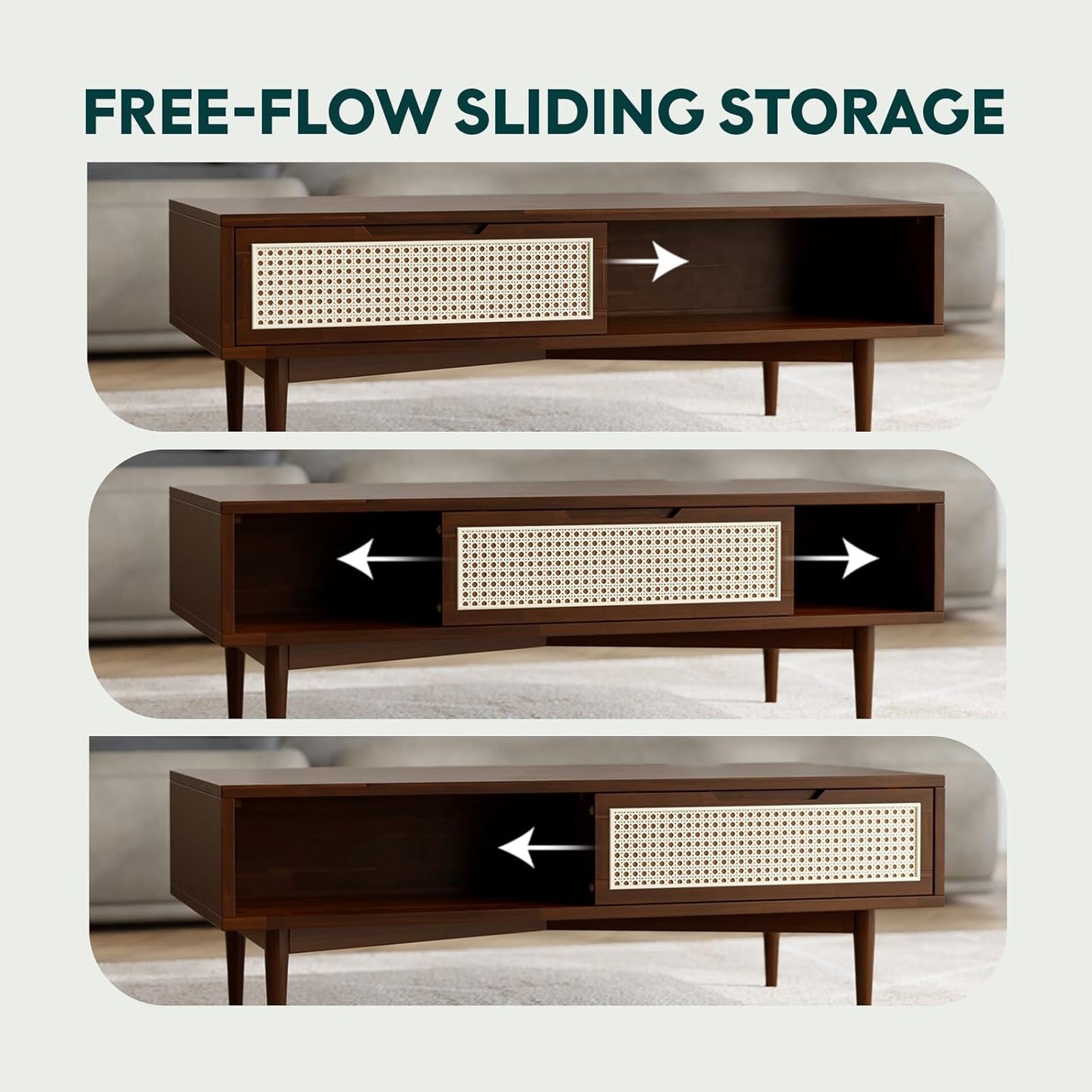 Bme Oliver Coffee Table, Mid Century Modern Coffee Table, Side Table with Storage, 2 Drawers & Open Compartments, Solid Wood Legs with Adjustable Levelers, Rattan Accent for Living Room, Walnut