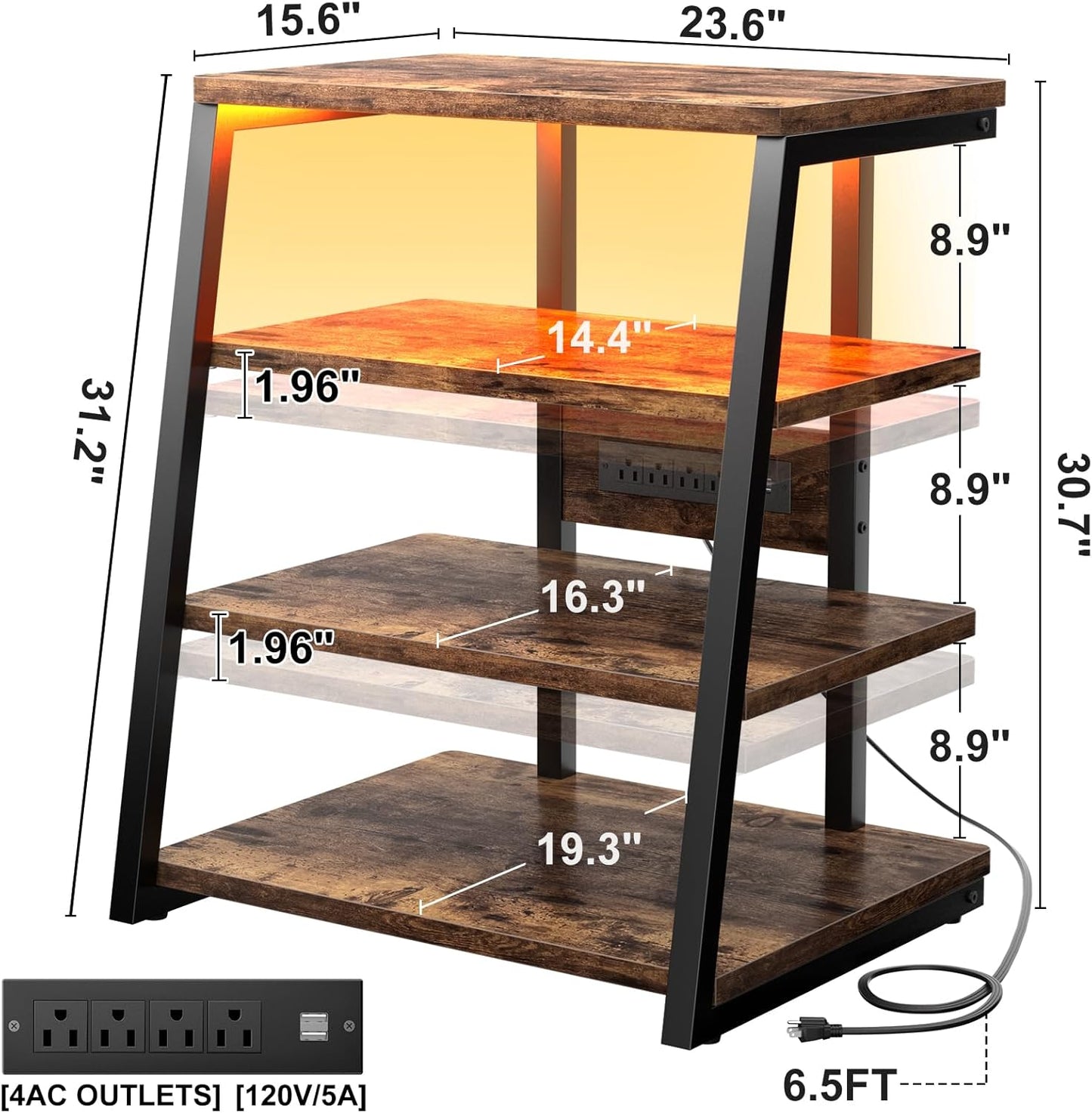 Armocity 4-Tier AV Media Stand with Power Strips, Stereo Stand with LED Lights, Audio Tower Rack with Adjustable Shelves, Small Entertainment Center, 30'', Rustic Brown