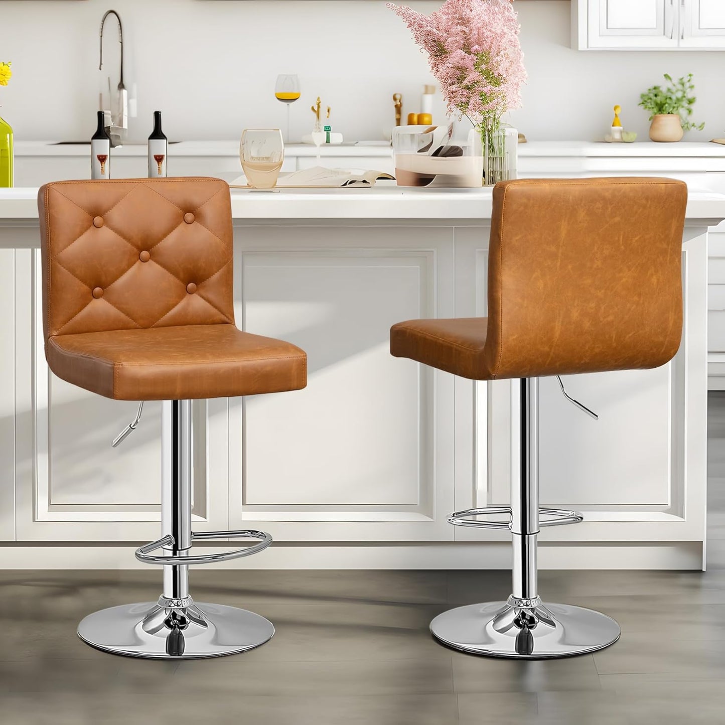 VECELO Adjustable Bar Stools Set of 2, Bar Height Stools for Kitchen Counter,Brown