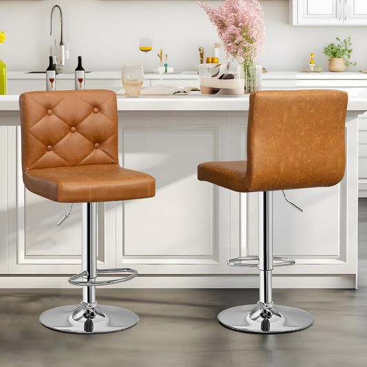 VECELO Adjustable Bar Stools Set of 2, Bar Height Stools for Kitchen Counter,Brown