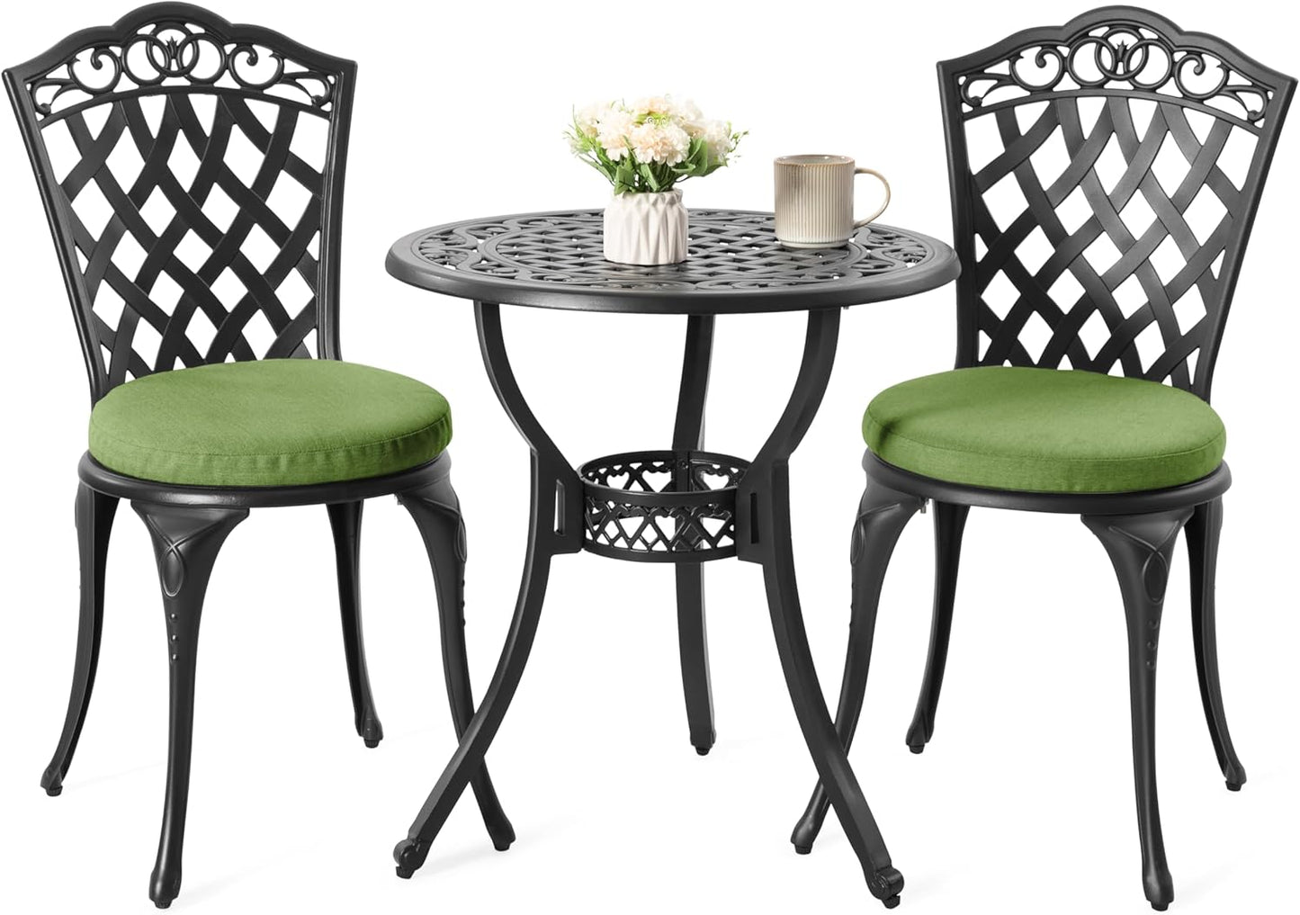 NUU GARDEN 3-Piece Patio Bistro Set Outdoor Cast Aluminum Bistro Table and Chairs Set of 2, Outdoor Patio Bistro Set with Umbrella Hole and Green Cushions for Patio Balcony, Black