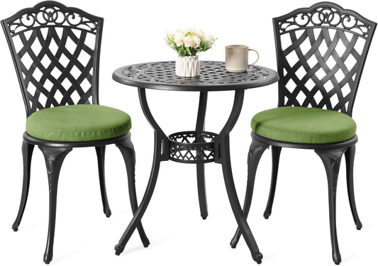 NUU GARDEN 3-Piece Patio Bistro Set Outdoor Cast Aluminum Bistro Table and Chairs Set of 2, Outdoor Patio Bistro Set with Umbrella Hole and Green Cushions for Patio Balcony, Black