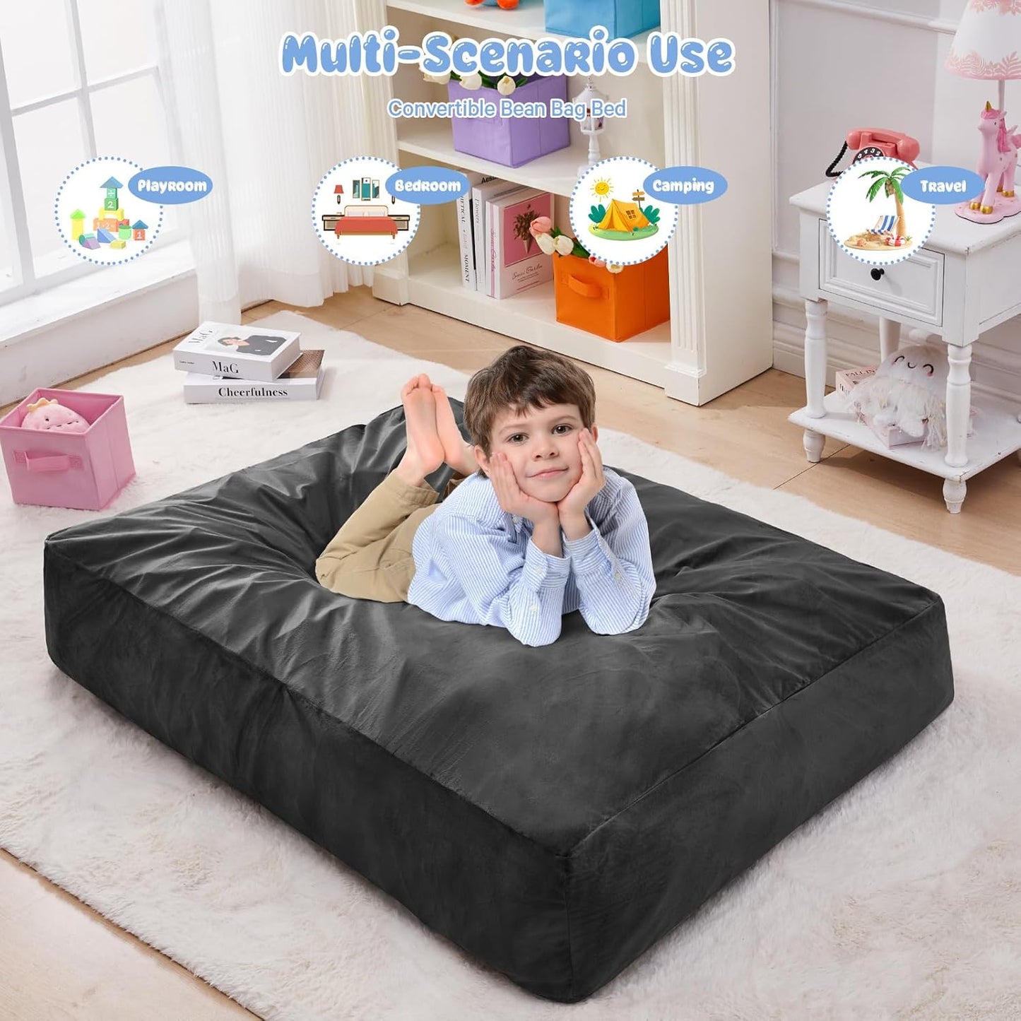Kids Bean Bag Chair Bed - Convertible Lazy Chair to Floor Mattress with Filler - Small Beanbag Chair for Boys and Girls - Floor Couch Sofa in Bedroom, Classroom, Reading Nook - Carbon Black