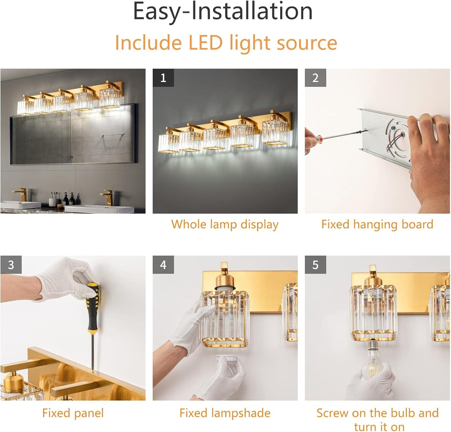 Modern 5-Light Gold Brushed Brass Finish Crystal Wall Light for Bathroom Vanity