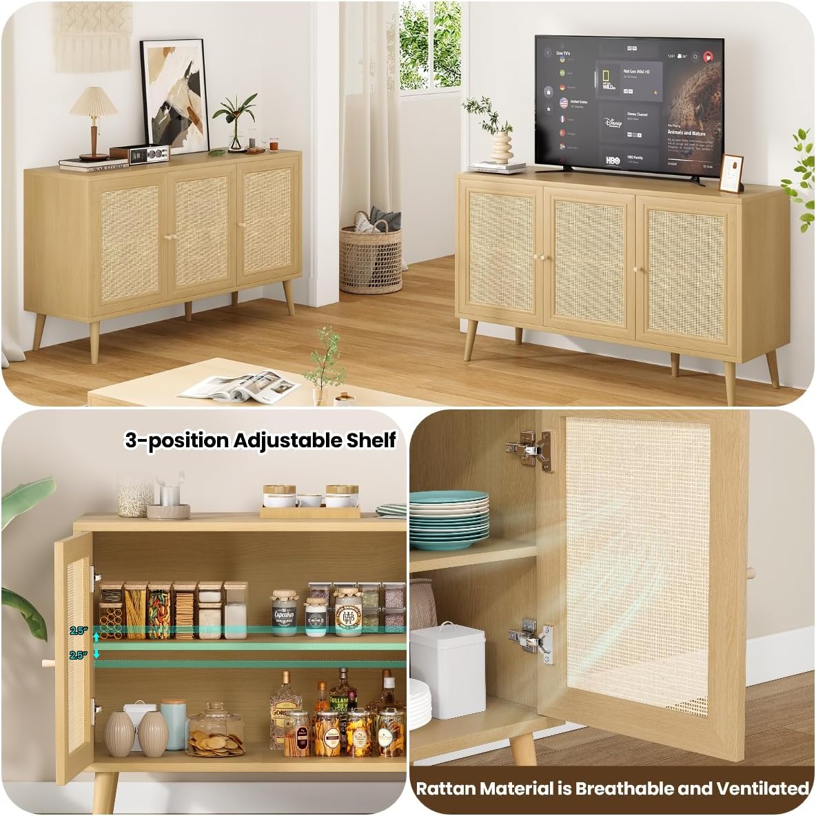 Rattan Entryway Table, Entertainment Center with Adjustable Shelf, Sideboard Buffet Cabinet with 3 Rattan Doors, Modern Console Cabinet with Large Storage for Living Room, Kitchen, Brown