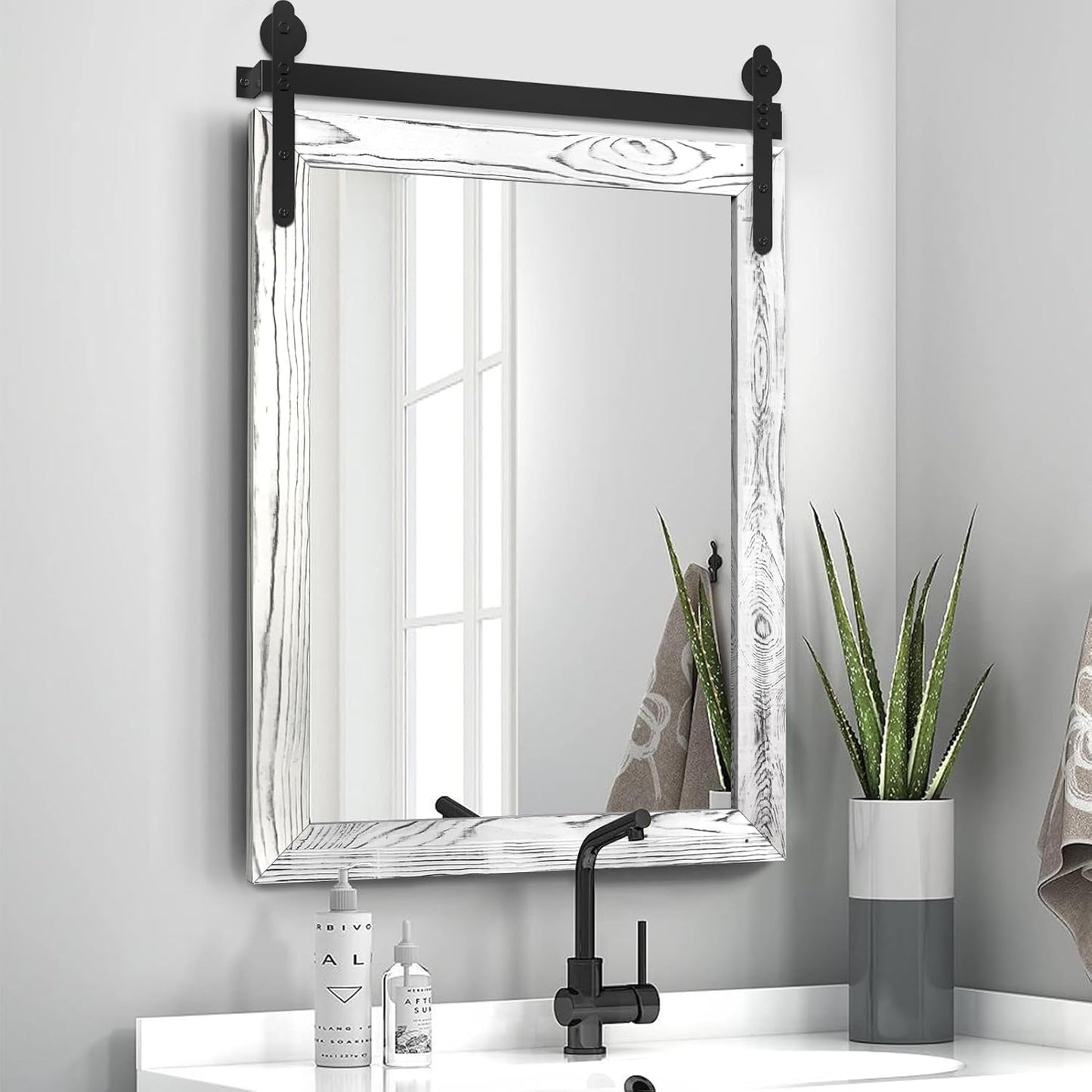 YOSHOOT Farmhouse Barn Door Mirror, 40"x30" Rustic Wood Framed Wall Mirror, Wall Mounted Vintage Mirror, Wooden Farmhouse Style for Bathroom Living Room Entryway, White, Vertical Hanging ONLY