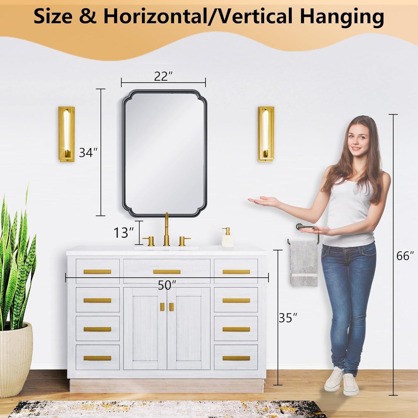 22x34 Inch Black Bathroom Mirror, Metal Framed Wall Mirror with Rounded Edges, Rustproof Horizontal Vertical Hanging for Vanity Over Sink