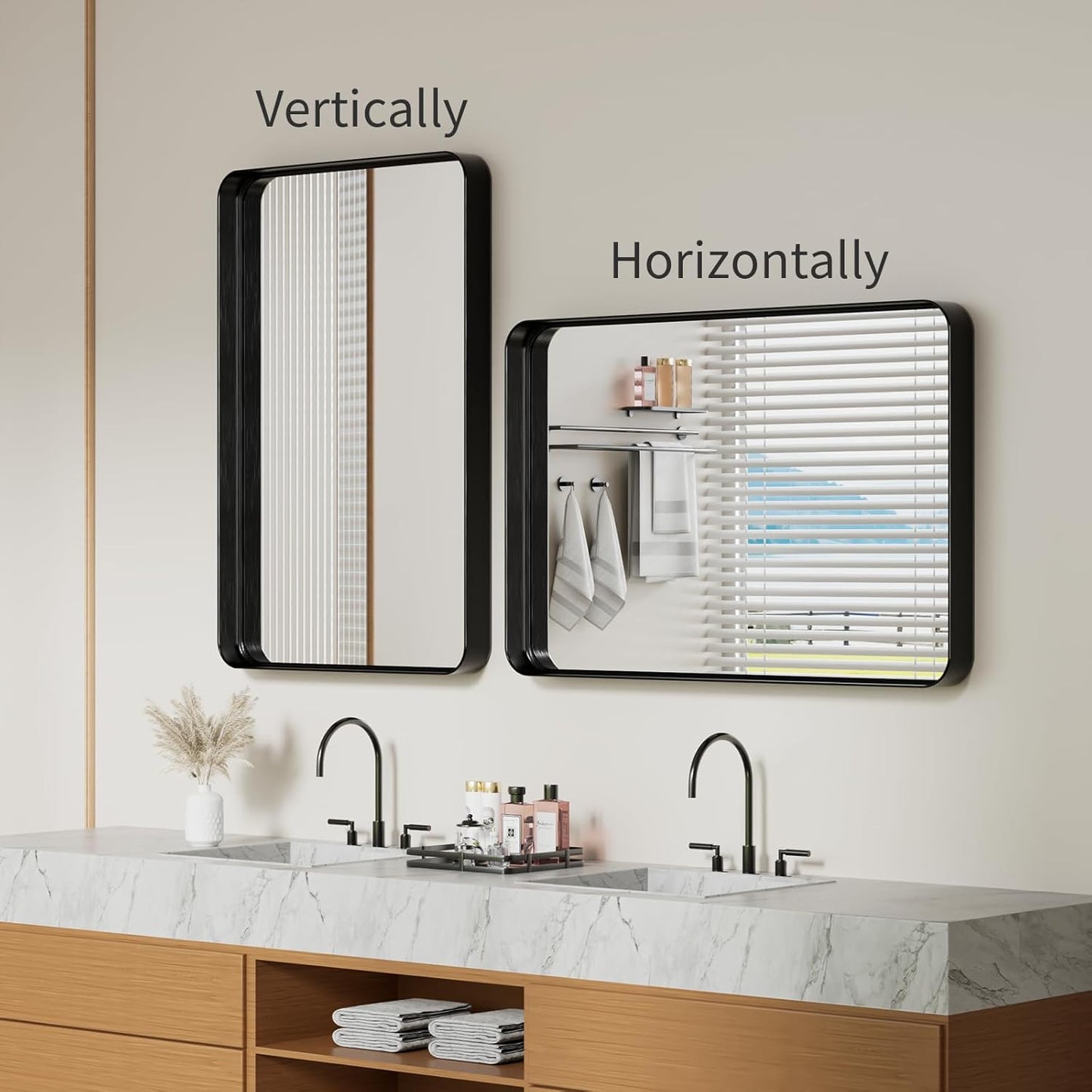 Koonmi Black Wall Mirror for Bathroom, 24x36 Inch Matte Deep Framed Rounded Rectangle Vanity Mirror for Farmhouse Living Room, Tempered Glass, Anti-Rust, Vertically or Horizontally