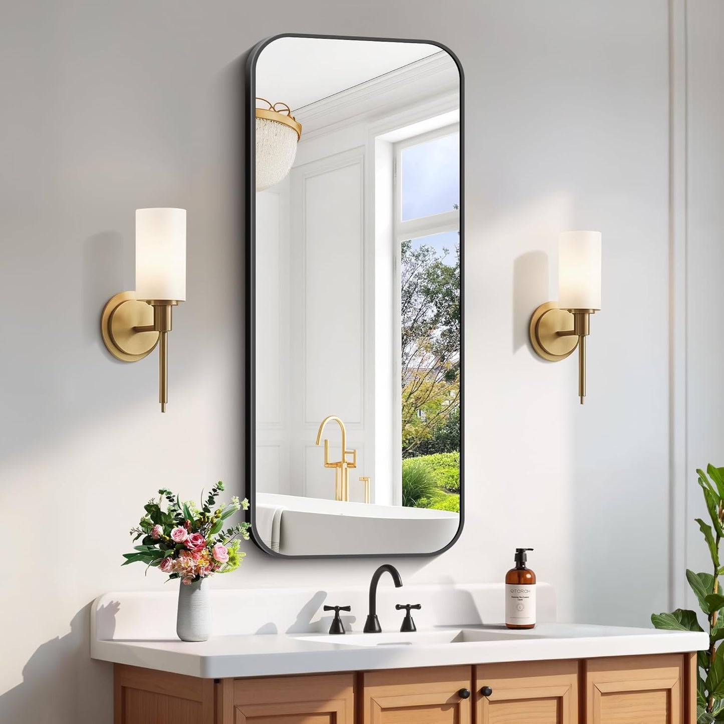 FORBATH Bathroom Mirror 20" x 48", Rectangle Black Bathroom Mirror with Black Aluminum Frame Rounded Corner, Wall Mounted Mirror for Bedroom Entryway Living Room