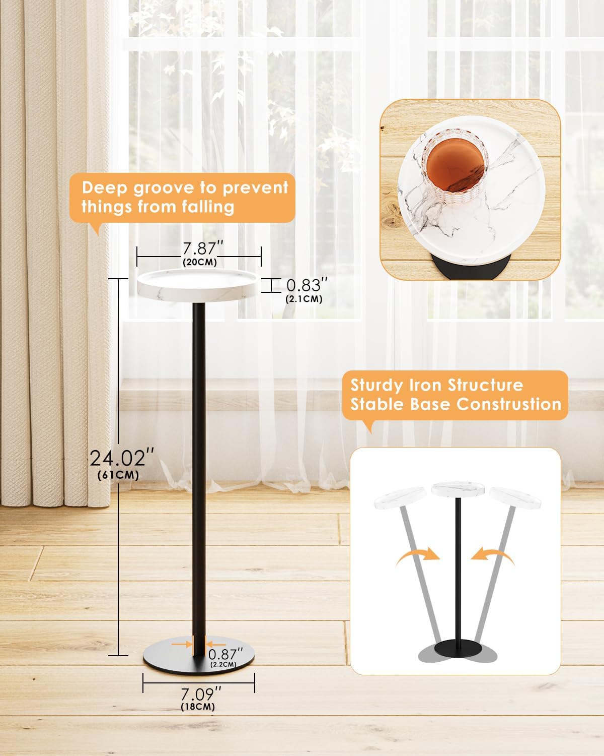 Drink Table, Small Pedestal Side Table, Round Cocktail Table, Circle Accent End Table with Metal Base, for Small Spaces (2, White Marble)