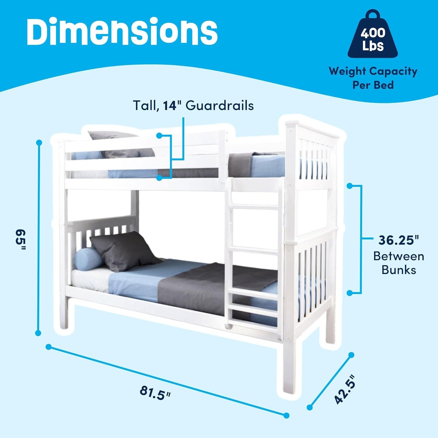 Max & Lily Bunk Bed Twin over Twin, Solid Wood Bunk Bed Frame with Ladder for Kids, 14" Safety Guardrails, Easy Assembly, No Box Spring Needed, White