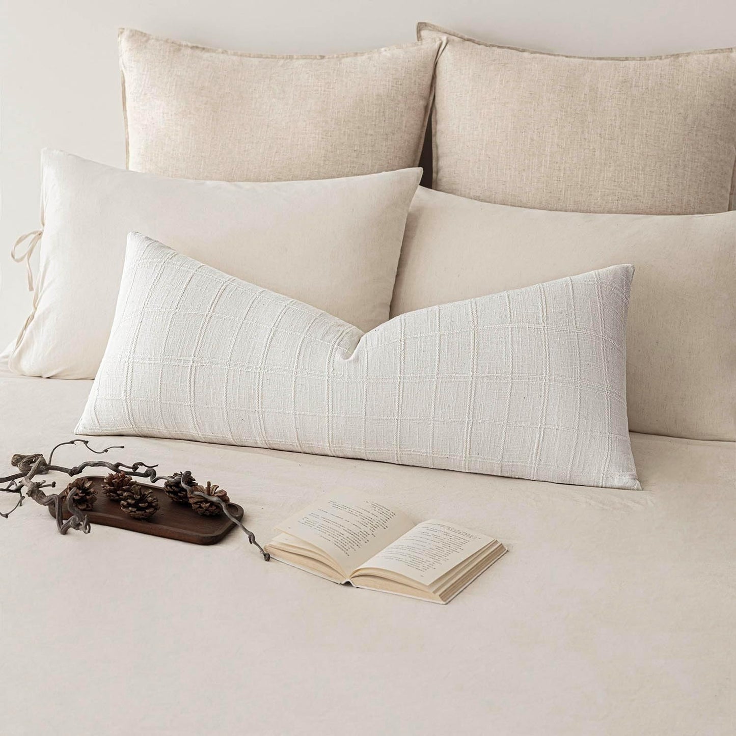 Foindtower Set of 2 Decorative Linen Check Throw Pillow Covers Neutral Long Body Lumbar Cushion Covers Farmhouse Vintage Boho Home Decor For Sofa Chair Couch Bedroom Living Room,14×36 Inch,Cream White