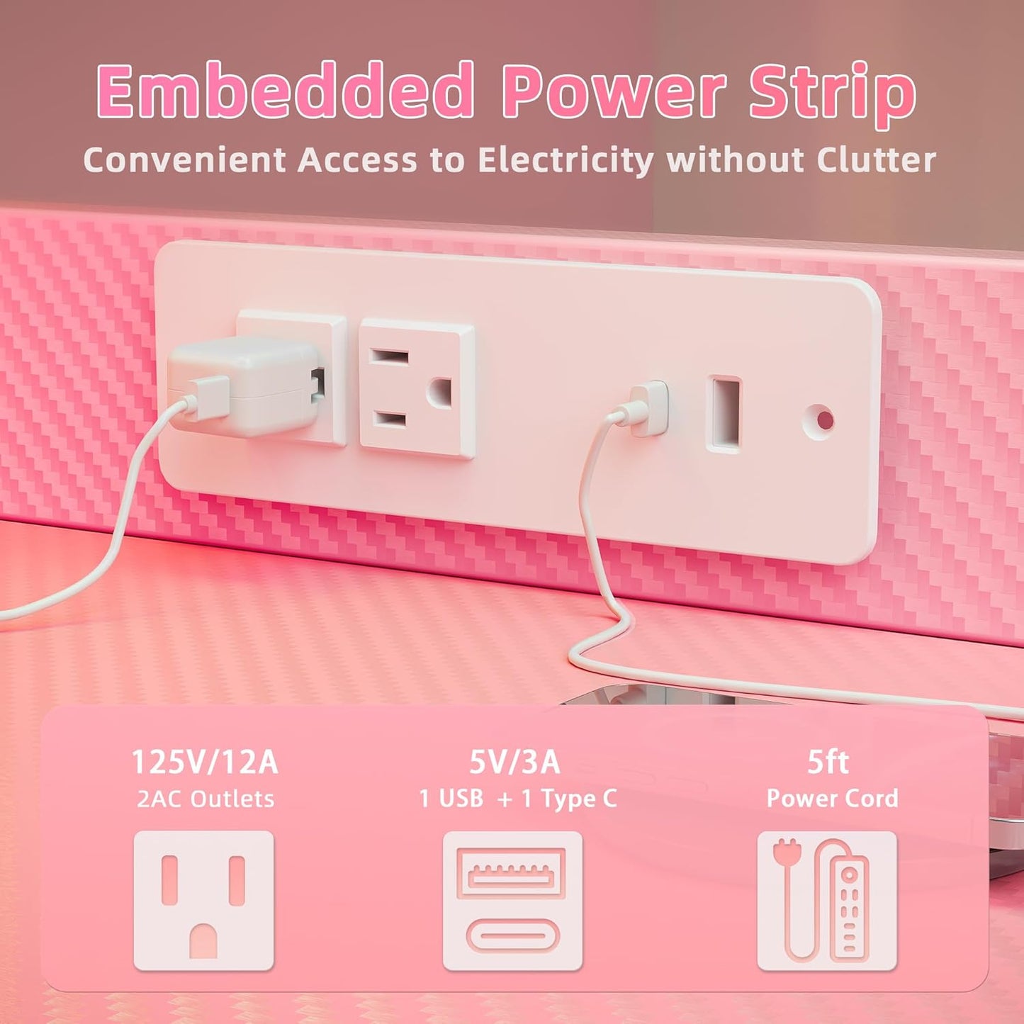 TIQLAB Gaming Desk 55 inch with Power Outlet and LED Light, Computer Desk with Reversible Shelves and Storage Drawer, Small PC Desk for Home Office Table with Bag, Carbon Fiber Pink